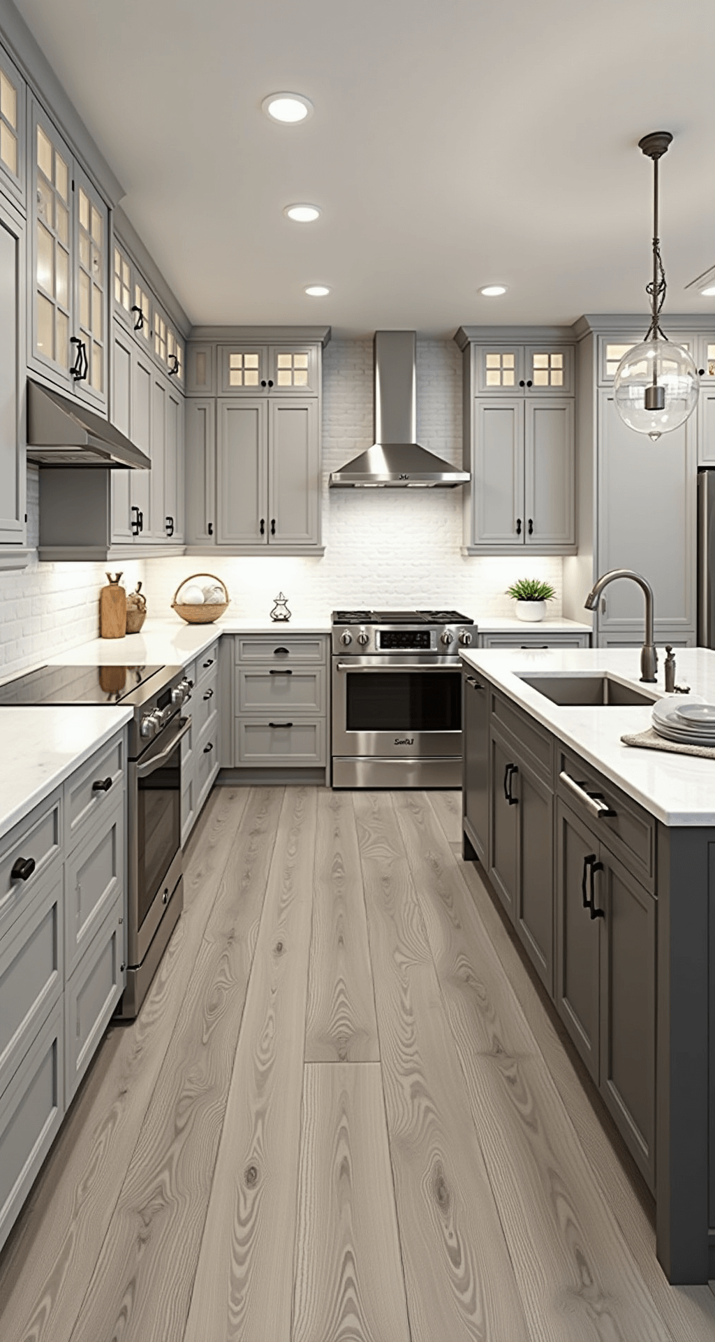 Transitional kitchen featuring soft harbor grey cabinets with glass-front display cases, creamy quartz countertops, and a large central island with a darker grey base, illuminated by layered lighting and styled with mixed metallic accessories on grey-washed oak floors.