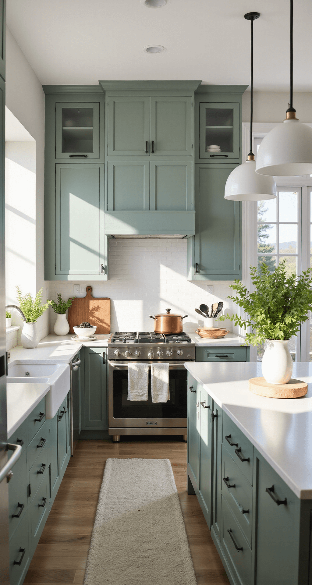 A modern kitchen featuring sage green cabinets with matte black hardware, white quartz countertops, stainless steel appliances, and warm copper cookware, all illuminated by morning sunlight. The composition captures an L-shaped layout with a central island and includes decorative elements like white ceramic vases with fresh herbs and wooden cutting boards, shot at f/2.8 to emphasize cabinet details.