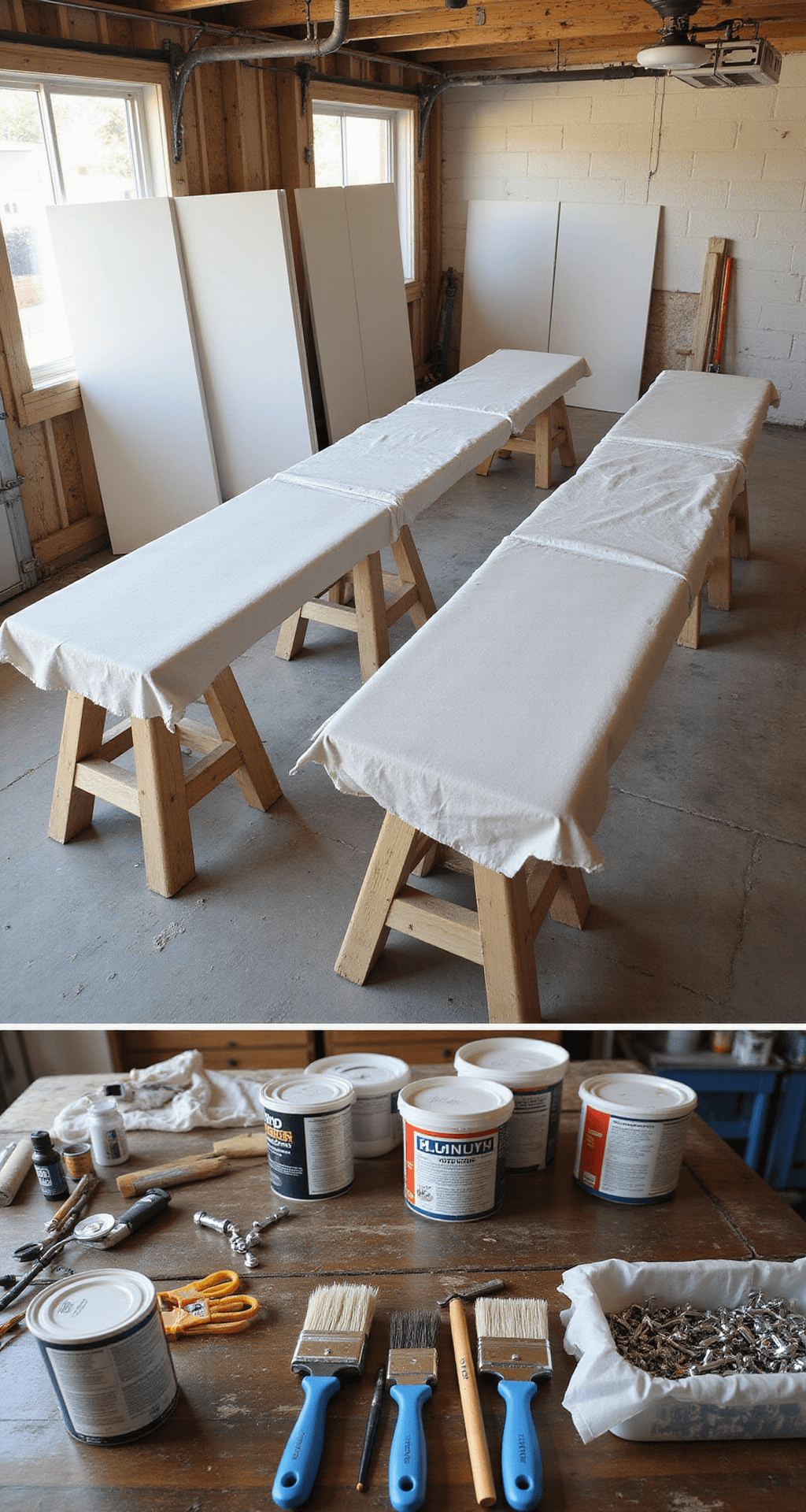 A spacious and bright DIY painting setup in a well-ventilated garage, showcasing organized professional painting supplies and hardware, with afternoon light filtering through side windows and a focus on preparation and methodology.