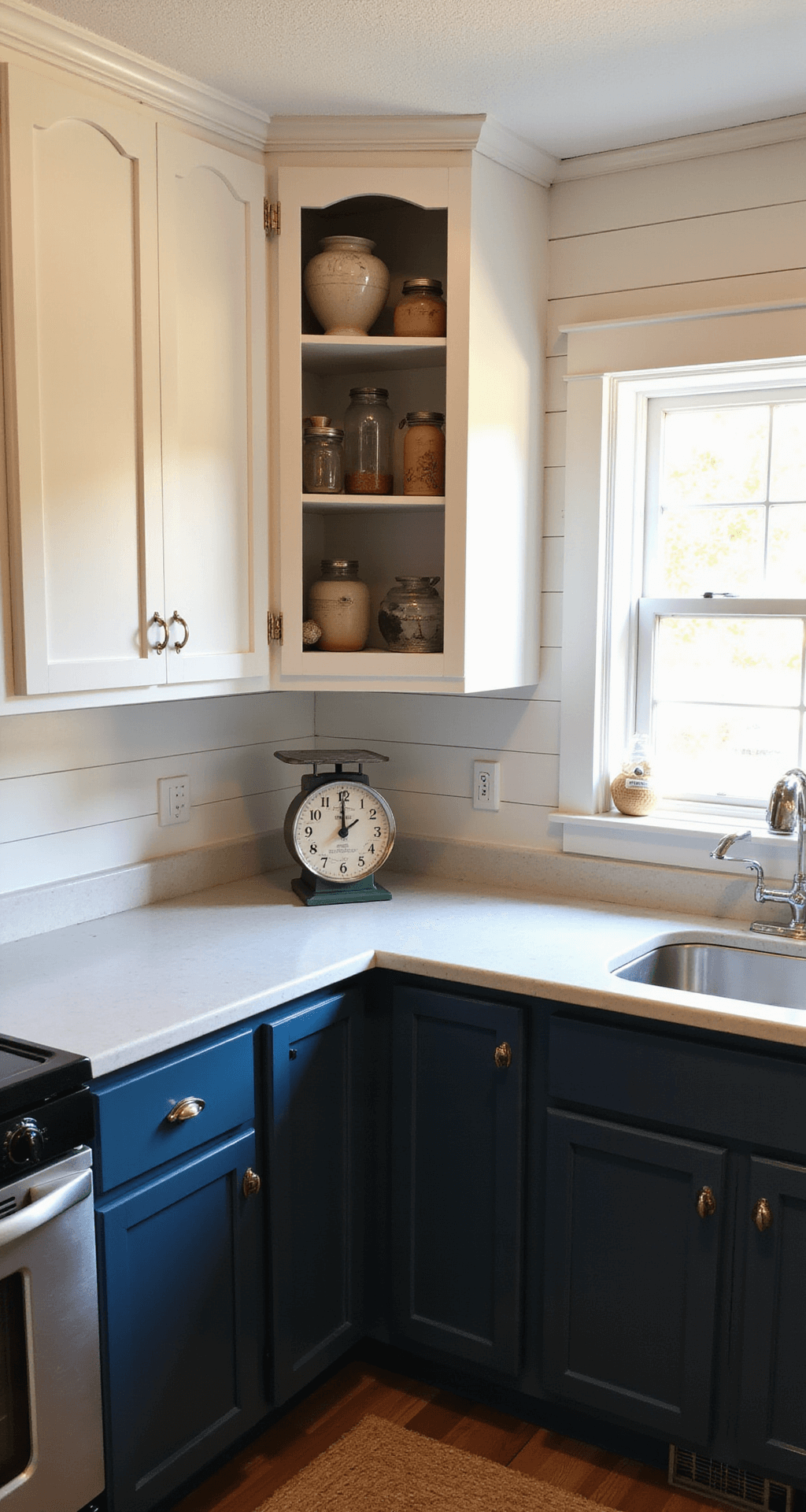 Corner view of a cozy farmhouse kitchen featuring white upper cabinets and navy lower cabinets, highlighted by warm golden hour light, showcasing vintage pottery on open shelves and a natural jute rug.