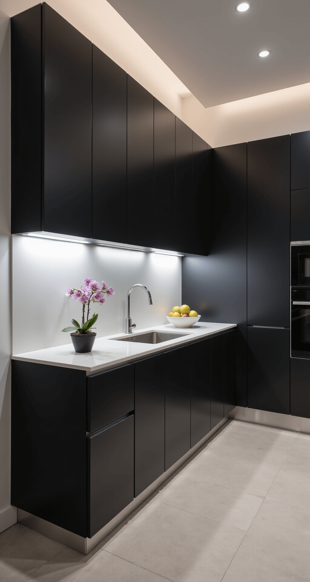 Twilight view of a modern minimalist kitchen featuring matte black handle-less cabinets, a high-gloss white backsplash, a waterfall island, and ambient LED lighting, with a single orchid and geometric fruit bowl for decor, captured with a wide-angle lens.