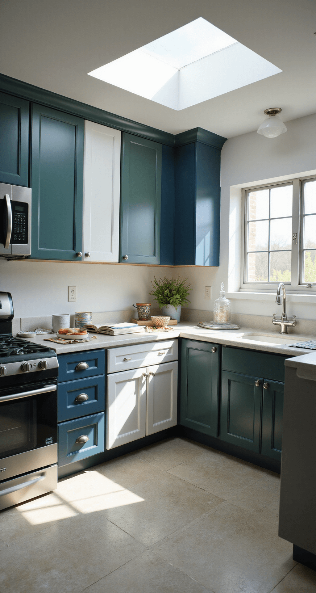 A close-up view of a kitchen renovation showing various cabinet doors with paint samples in sage green, navy blue, classic white, and matte black, illuminated by afternoon light from a skylight. The scene features paint chips, brushes, and finish samples, highlighting the texture and finish differences in an artistic blur effect.