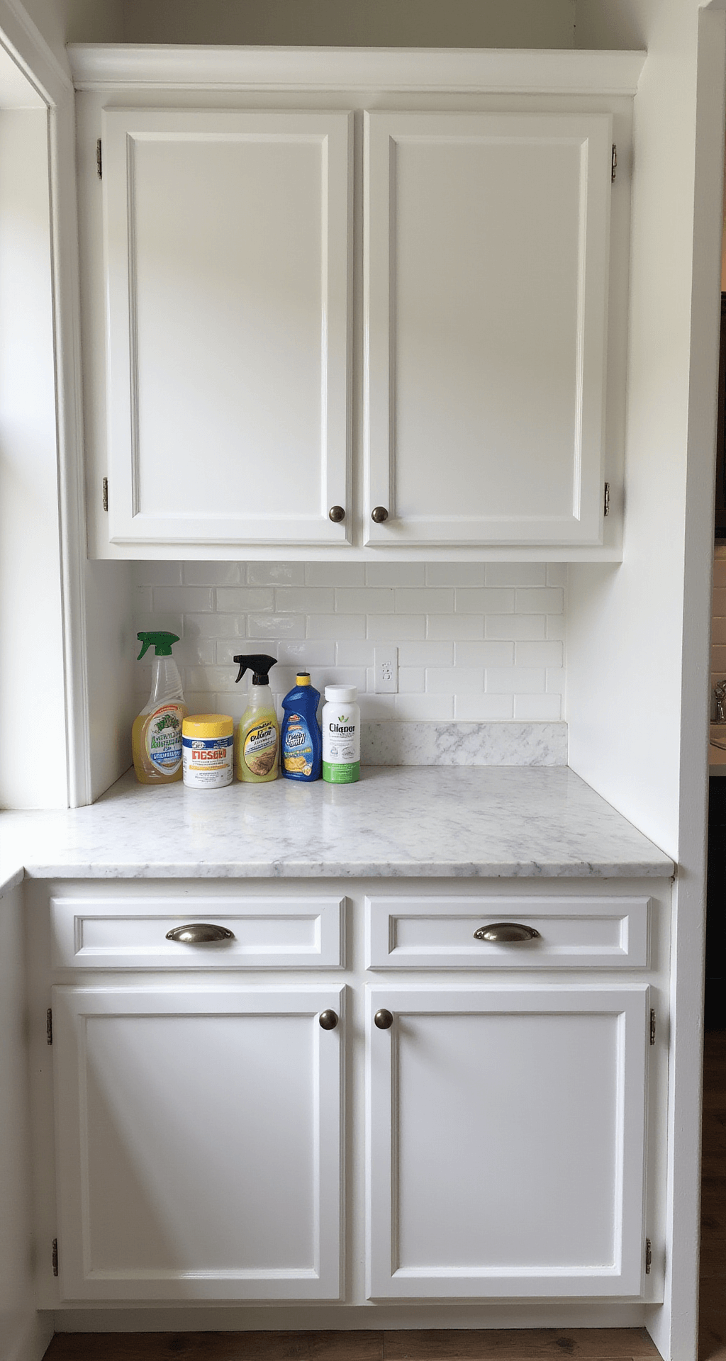 Close-up of classic white kitchen cabinets with gleaming surfaces and pristine hardware, showcasing paint finish detail under morning light. Cleaning supplies arranged on a marble counter, with soft window light emphasizing cabinet care and maintenance.