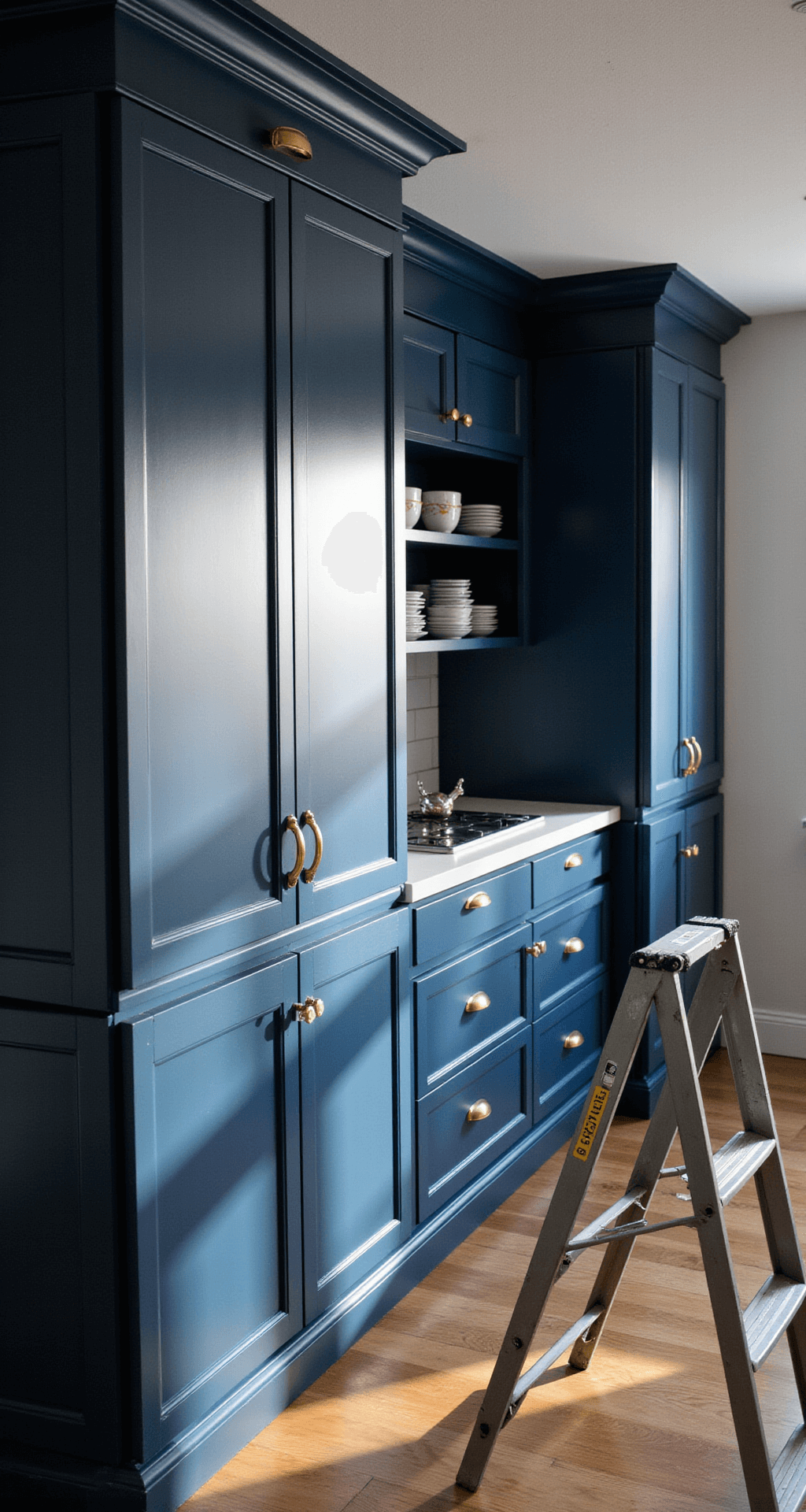 A late afternoon view of a spacious chef's kitchen featuring deep navy cabinets with a flawless finish, highlighted by dramatic shadows and polished brass hardware. In the foreground, painting equipment including a step ladder and spray tools provide context for the professional paint job. The image is captured from an elevated angle for detailed clarity.