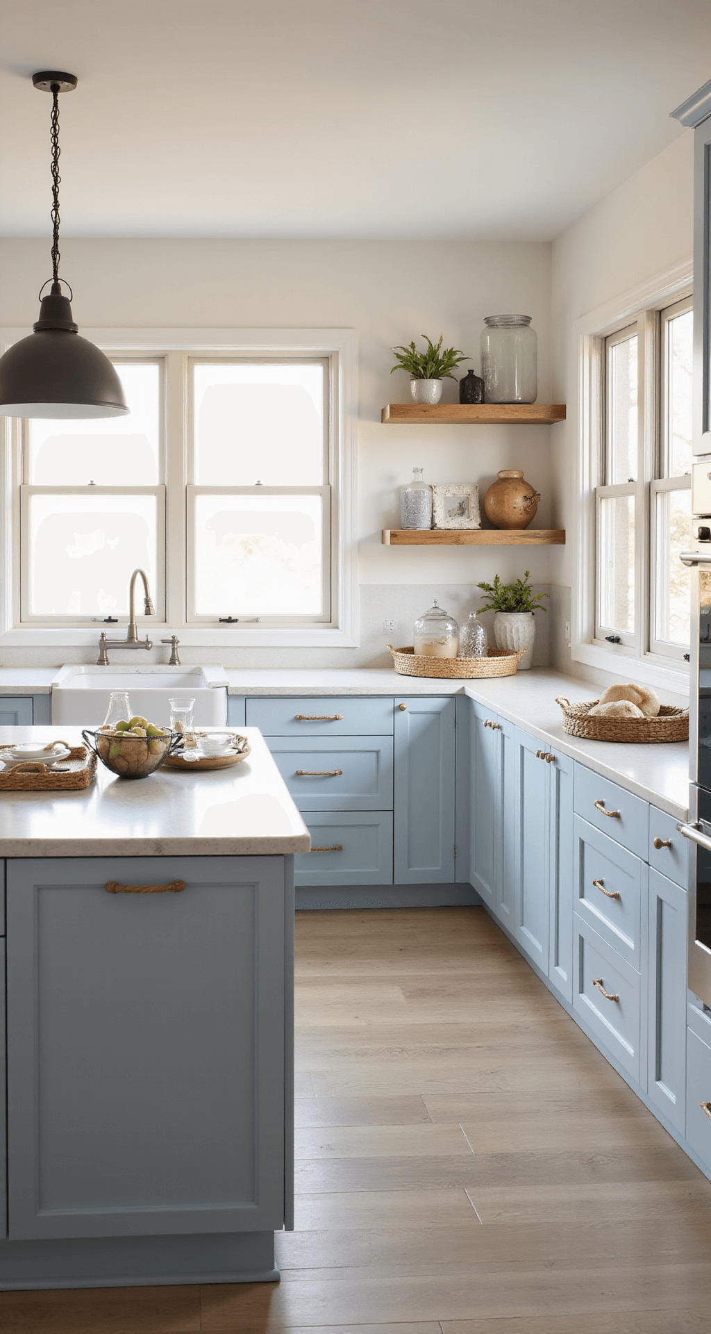 A bright and airy coastal California kitchen with pale blue-grey cabinets and white quartz counters, featuring large windows that fill the space with natural light. The scene is styled with woven trays, glass vessels, and driftwood pieces, complemented by bleached oak floors. The camera angle shows the cabinet layout, capturing the serene atmosphere and soft palette.
