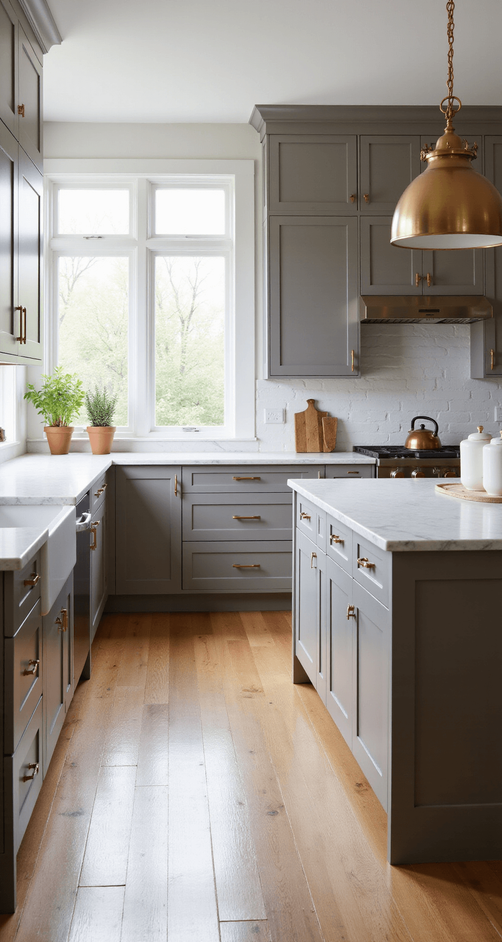 A spacious kitchen featuring taupe Shaker-style cabinets, white Carrara marble countertops, and a large marble island, illuminated by morning light from east-facing windows. The hardwood floors are honey oak, and minimal styling includes a copper kettle and ceramic canisters with fresh herbs in terracotta pots.