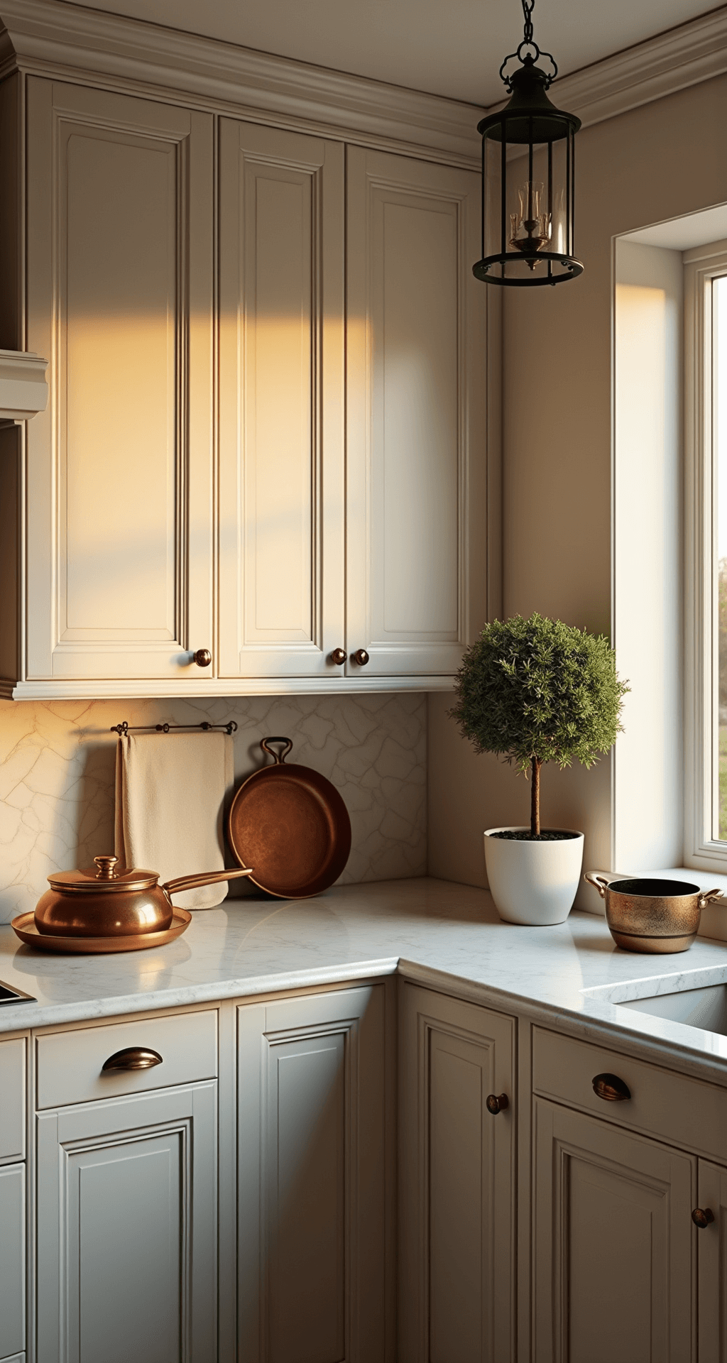 Intimate angle of a taupe kitchen at golden hour, featuring intricate crown molding, quartzite countertops, antiqued brass hardware, and vintage copper cookware, illuminated by a dark bronze pendant light.