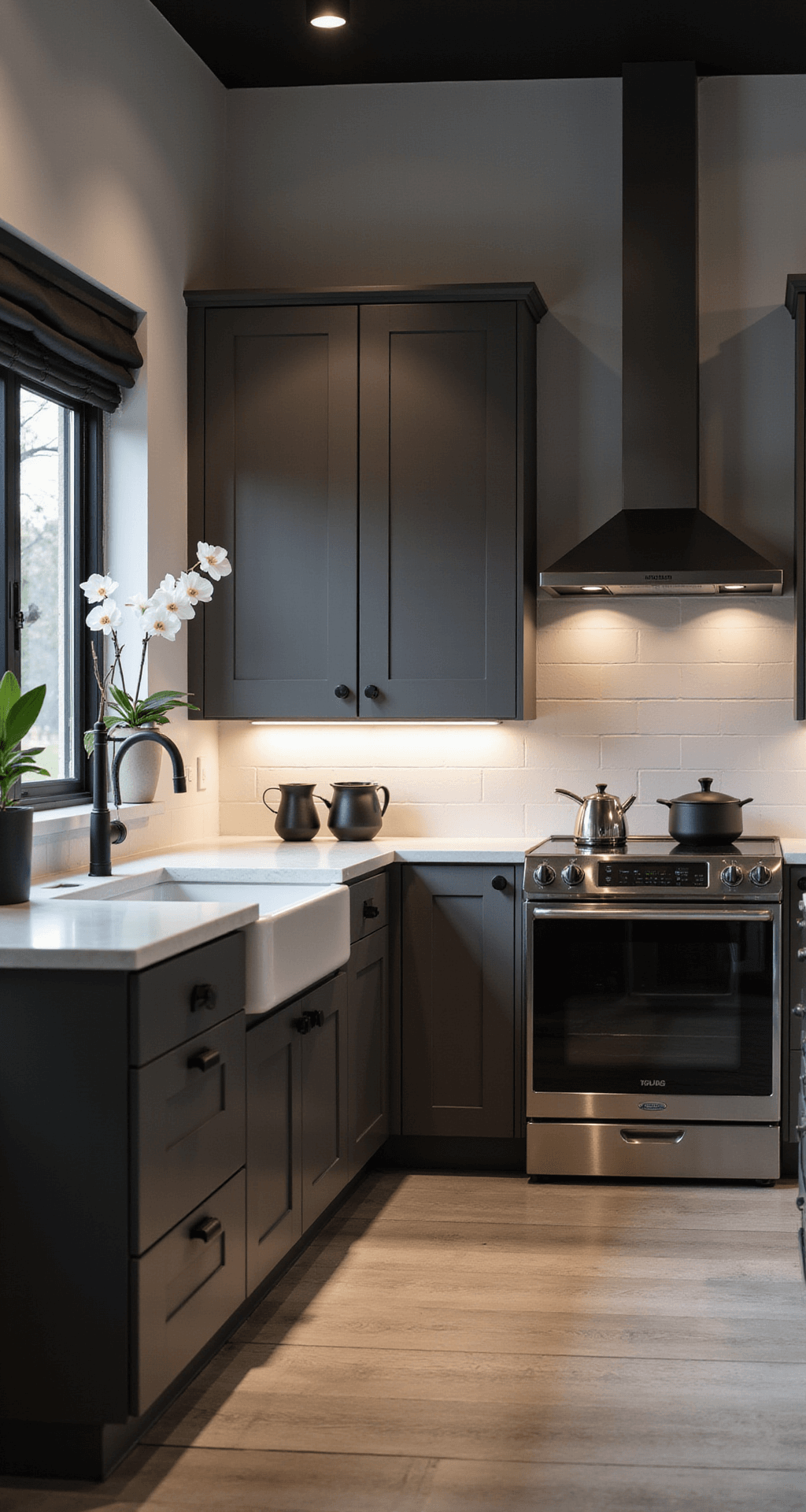 Dramatic nighttime kitchen with dark taupe cabinets, white walls, and a quartz waterfall island, featuring minimalist black hardware and ambient under-cabinet lighting, styled with black stoneware and an orchid.