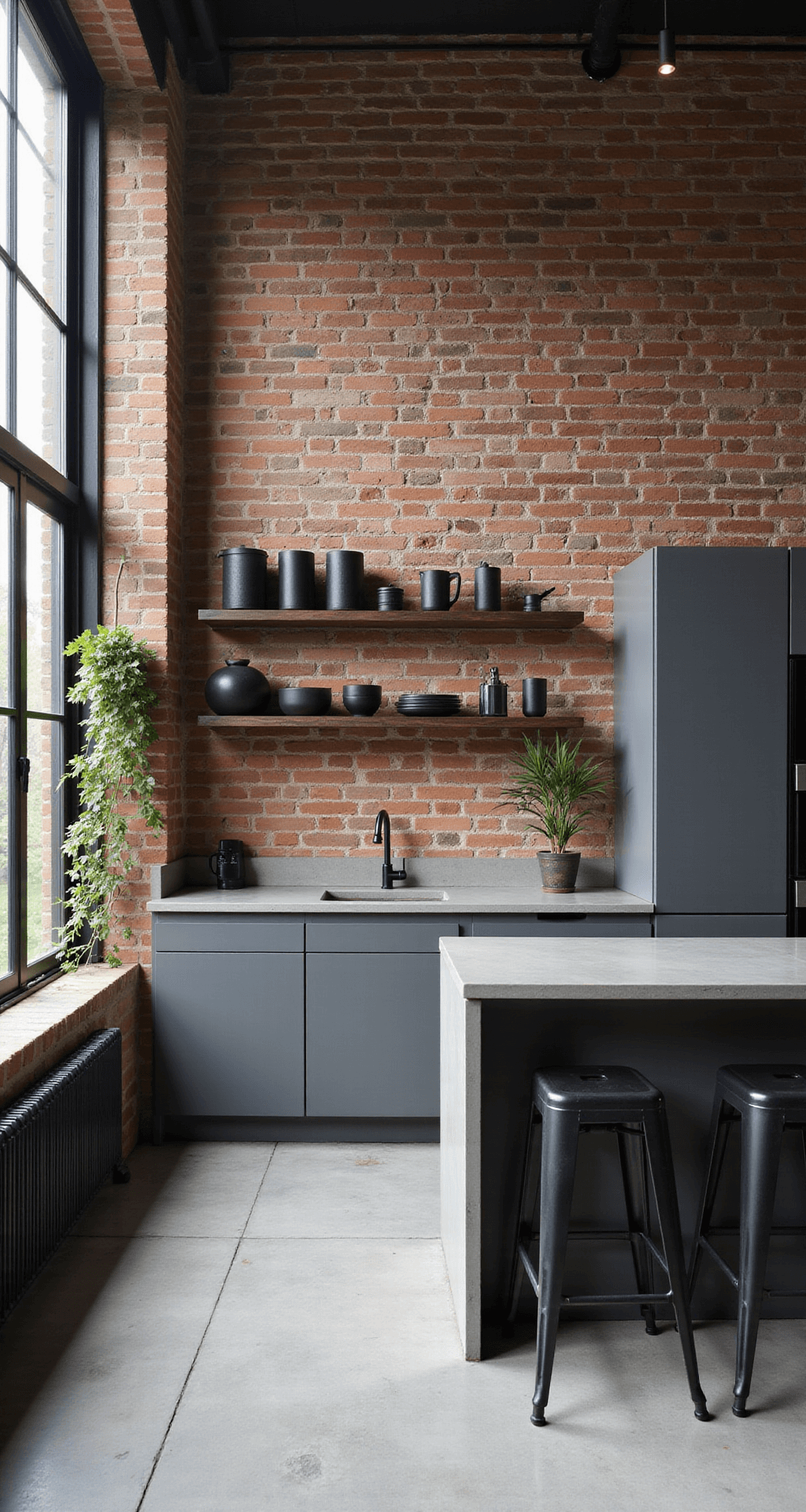 A modern industrial kitchen featuring gray-taupe cabinets against an exposed brick wall, with high ceilings and black steel windows. Polished concrete countertops and floating shelves are accentuated by morning light creating shadows. Decorated with matte black ceramics, industrial bar stools, and trailing plants, captured with a wide-angle lens at chest height.