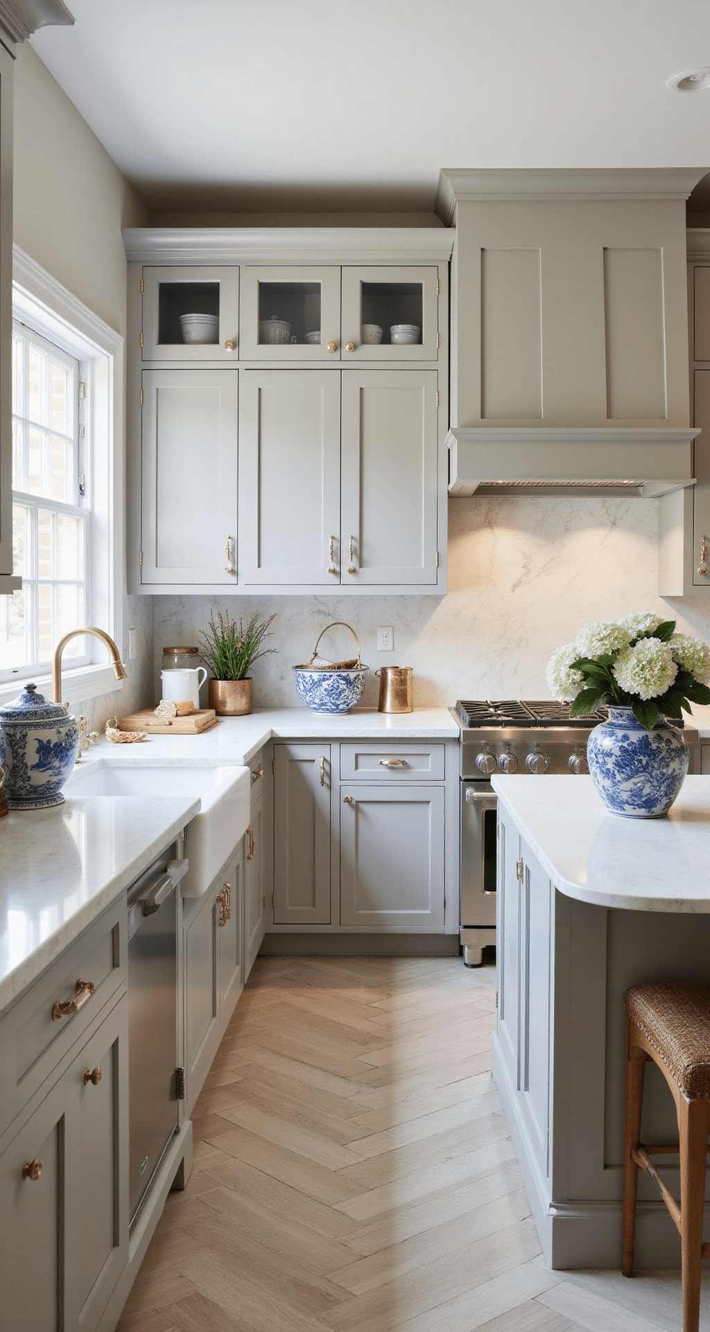 Transitional kitchen with medium taupe cabinets and an L-shaped layout, featuring a Calacatta gold marble backsplash, unlacquered brass hardware, and white oak herringbone floors. Styled with blue-and-white chinoiserie, fresh hydrangeas, and copper accents, captured in soft afternoon light.