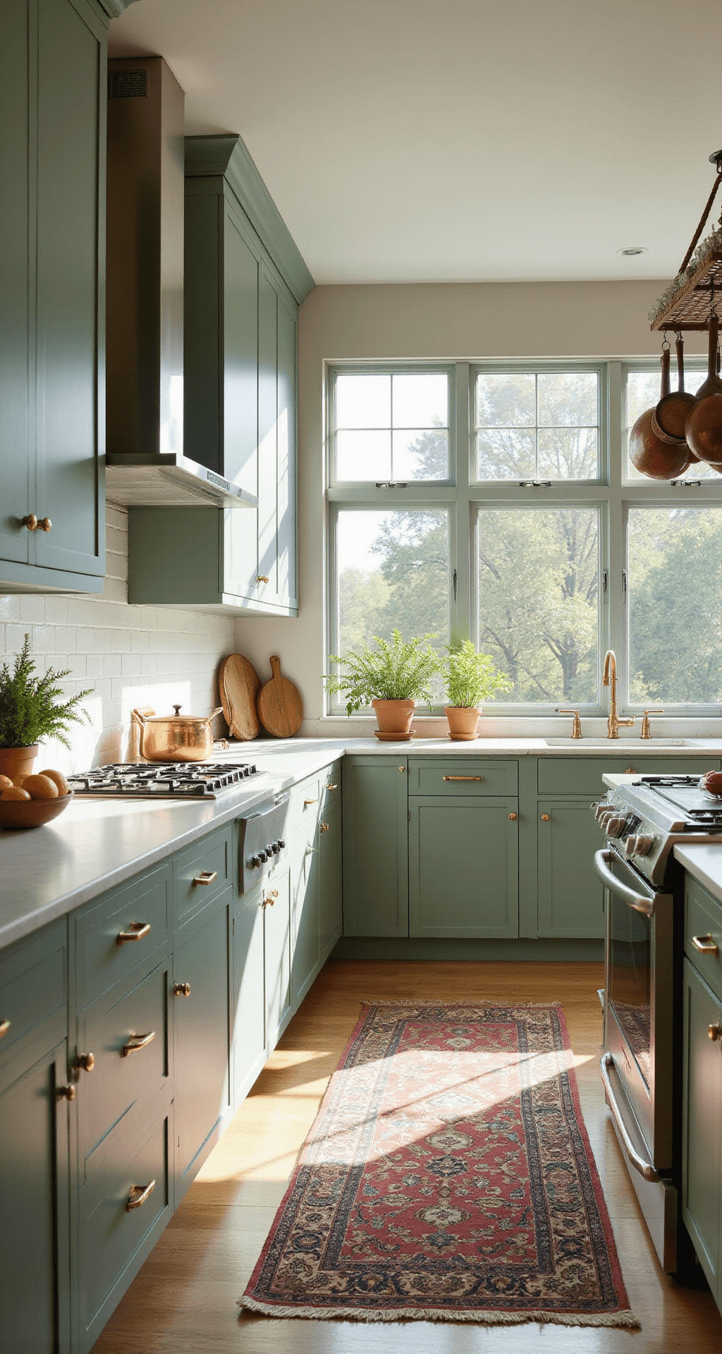 A bright and spacious kitchen featuring sage green Shaker-style cabinets, white quartz countertops, and a marble subway tile backsplash, with morning sunlight streaming through large east-facing windows. A vintage Persian runner lies on white oak floors, and copper cookware hangs from a ceiling-mounted rack. The scene is styled with fresh herbs in terracotta pots and a bowl of citrus fruits, captured from a low corner angle with a wide-angle lens.