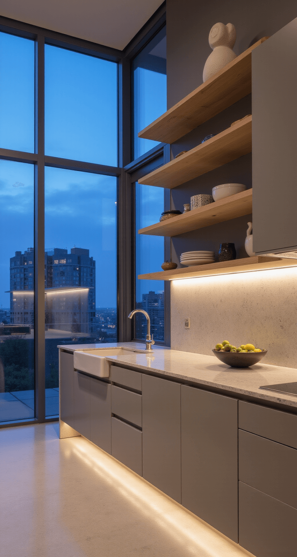 Contemporary kitchen at twilight with light taupe handleless cabinets, white oak floating shelves, and neutral quartzite counters featuring waterfall edges; floor-to-ceiling windows showcase city views, complemented by minimalist decor and mixed blue hour and warm interior lighting.