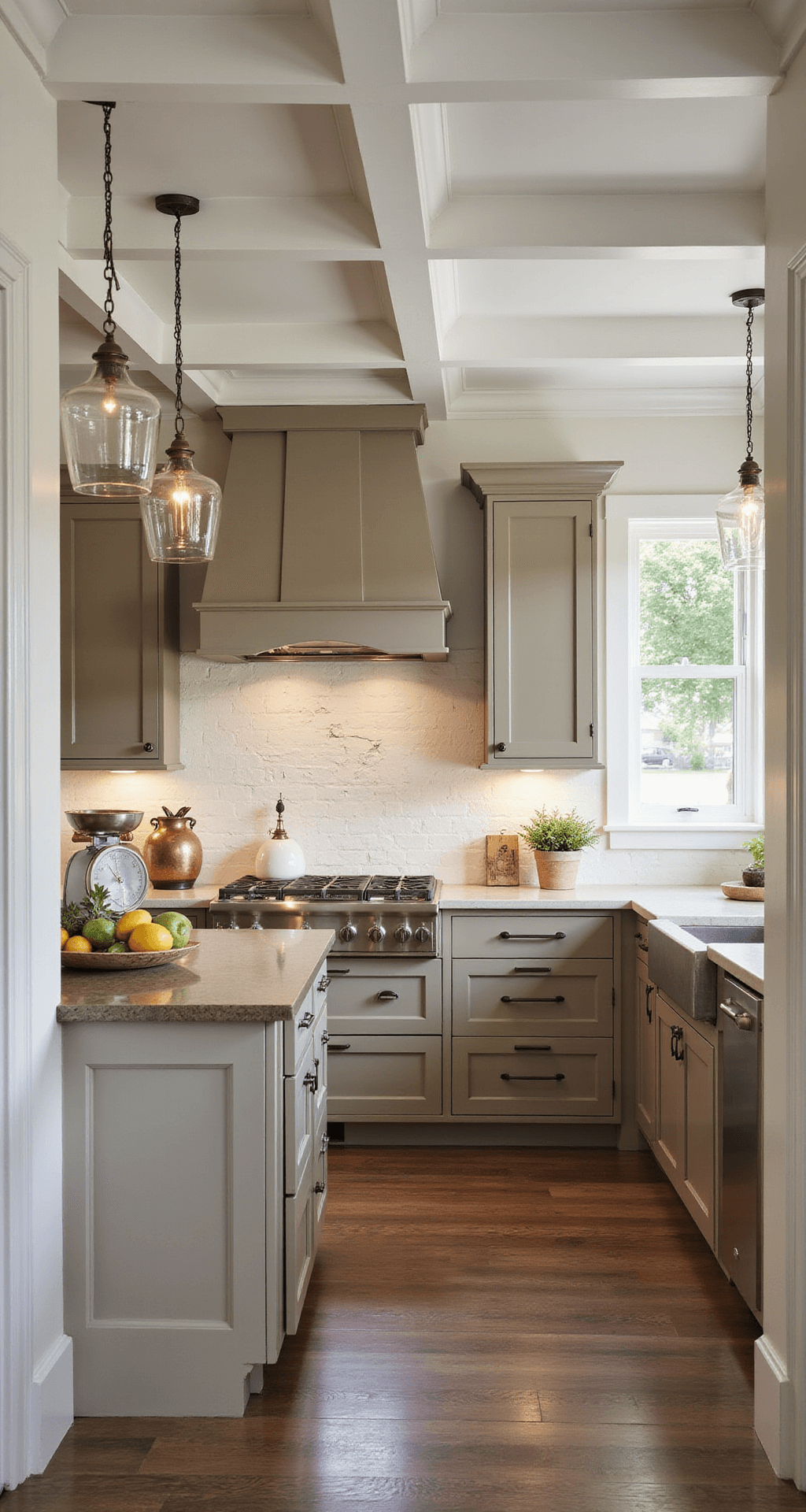 A warm and inviting modern farmhouse kitchen featuring taupe cabinets, a white beamed ceiling, soapstone counters, and an apron sink, styled with vintage decor and fresh produce in morning light.