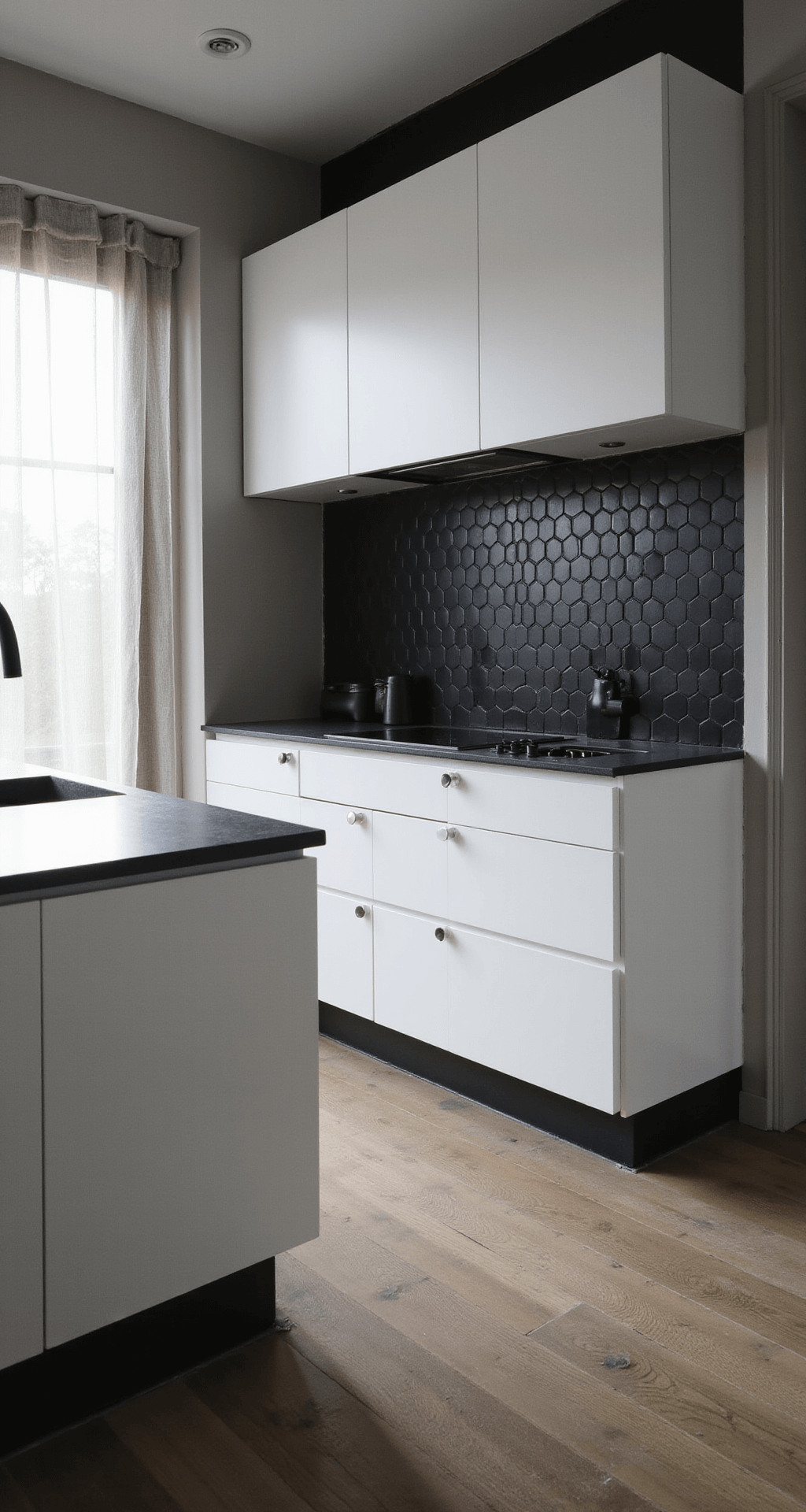 Dramatic contemporary kitchen with white flat-panel cabinets and matte black hexagonal backsplash tiles, featuring a 12-foot waterfall island. Afternoon sunlight filters through sheer curtains, highlighting the contrast between light and dark surfaces and emphasizing geometric patterns. Black matte fixtures and minimal hardware enhance the monochromatic theme.