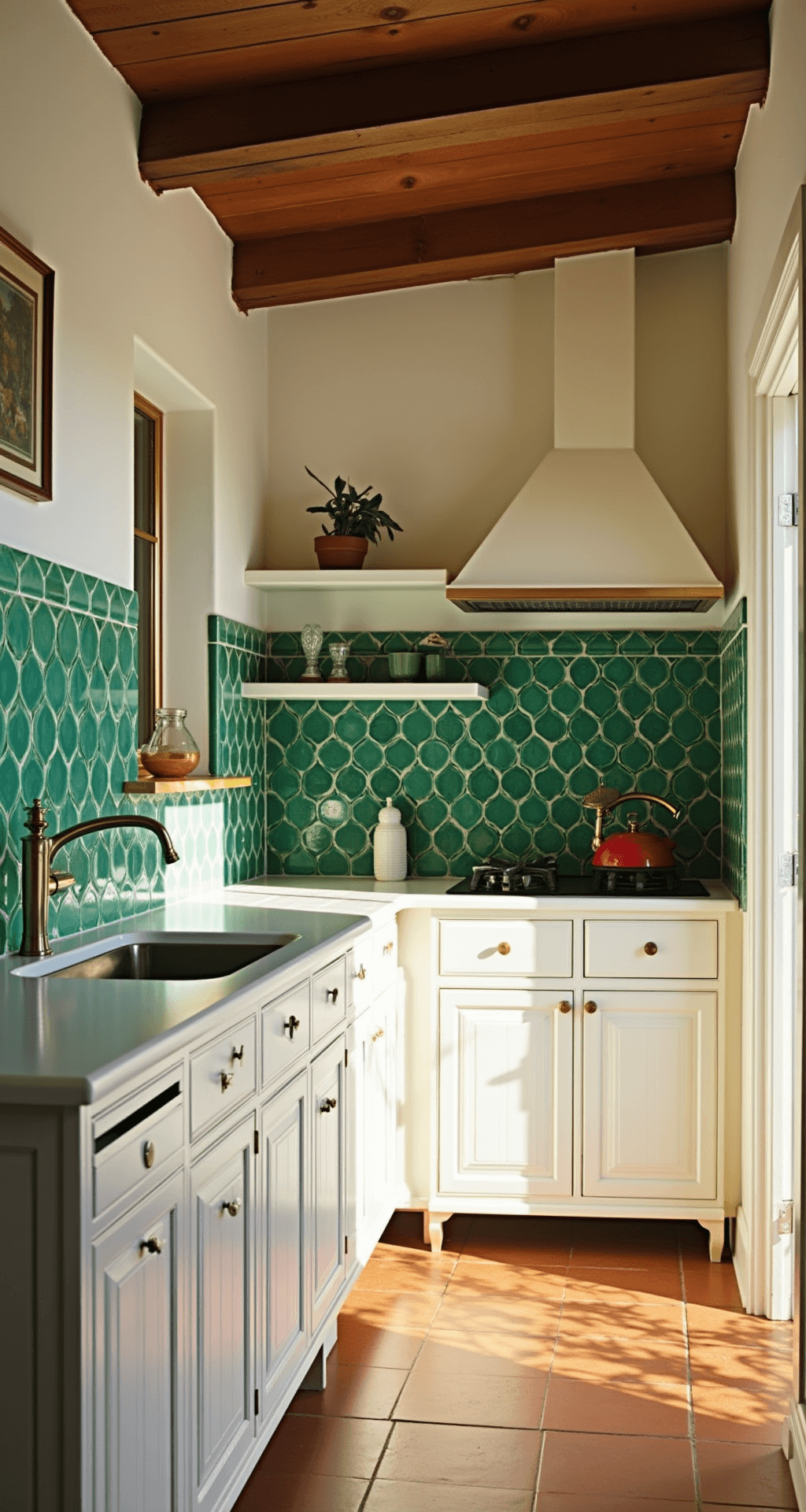 Sun-filled Mediterranean-inspired kitchen featuring white beadboard cabinets and vibrant emerald green glazed ceramic tiles. The 9-foot ceiling with exposed wooden beams is illuminated by golden hour light, highlighting the handmade tiles' texture and color variations. Brass fixtures and warm terra cotta floor tiles add warmth to the scene, captured from a 45-degree angle to showcase the tile's dimensional quality.