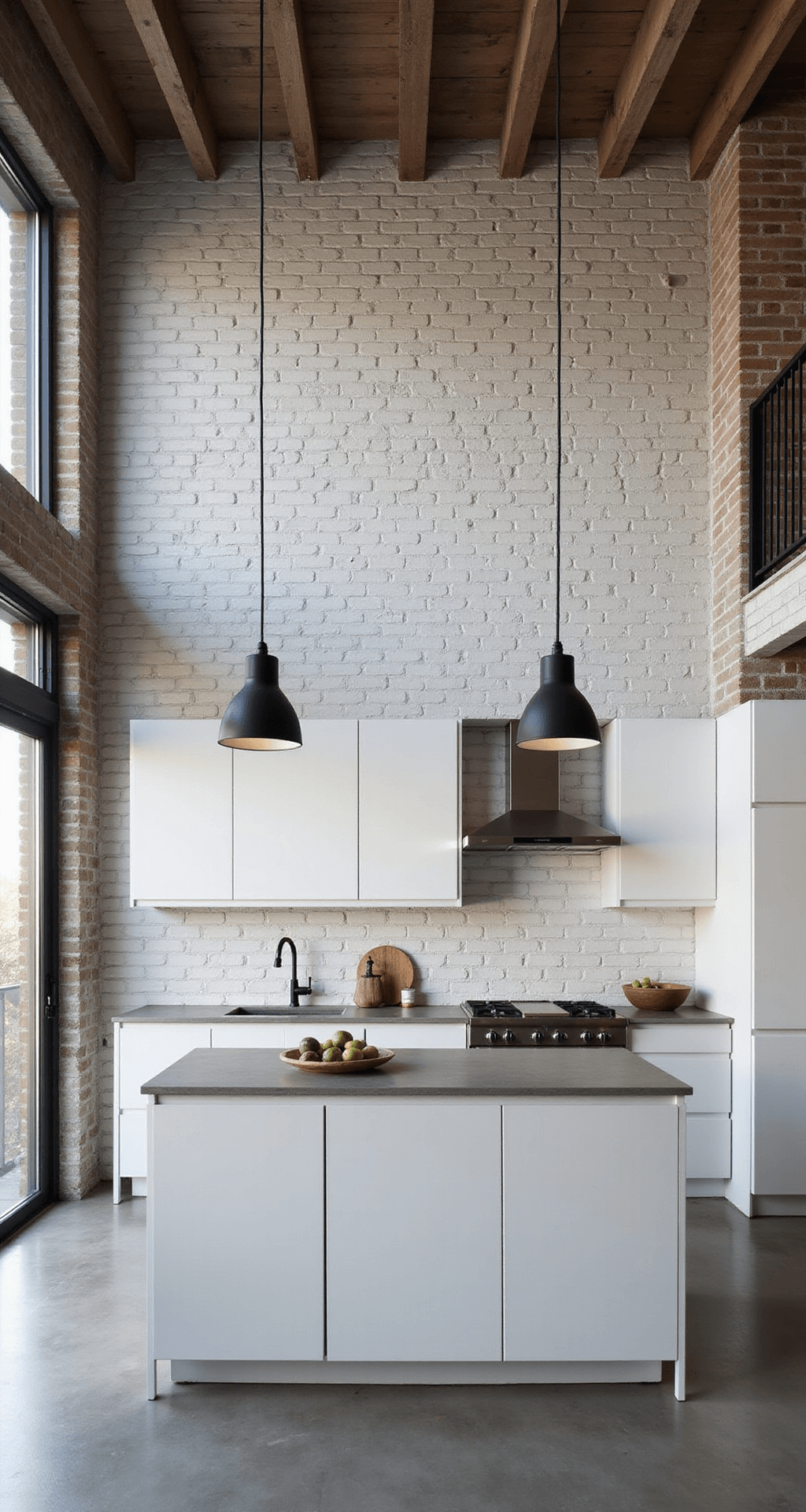 Industrial-chic kitchen featuring white slab cabinets, a weathered white brick backsplash, and concrete countertops, under a 15-foot double-height ceiling with black metal pendant lights, captured in a wide-angle shot from the entrance.