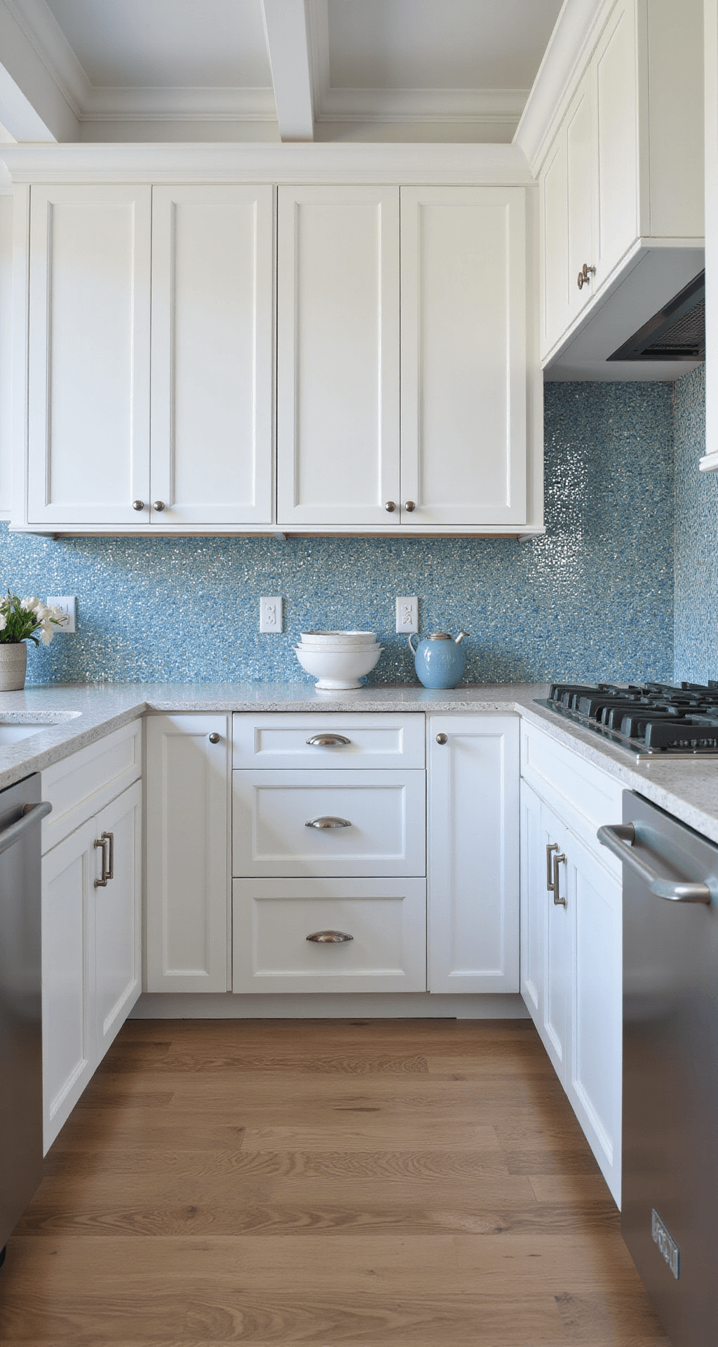 Coastal-inspired kitchen with white raised-panel cabinets, iridescent blue glass mosaic tiles, 10-foot tray ceiling with rope lighting, and chrome fixtures, all illuminated by natural and artificial light.