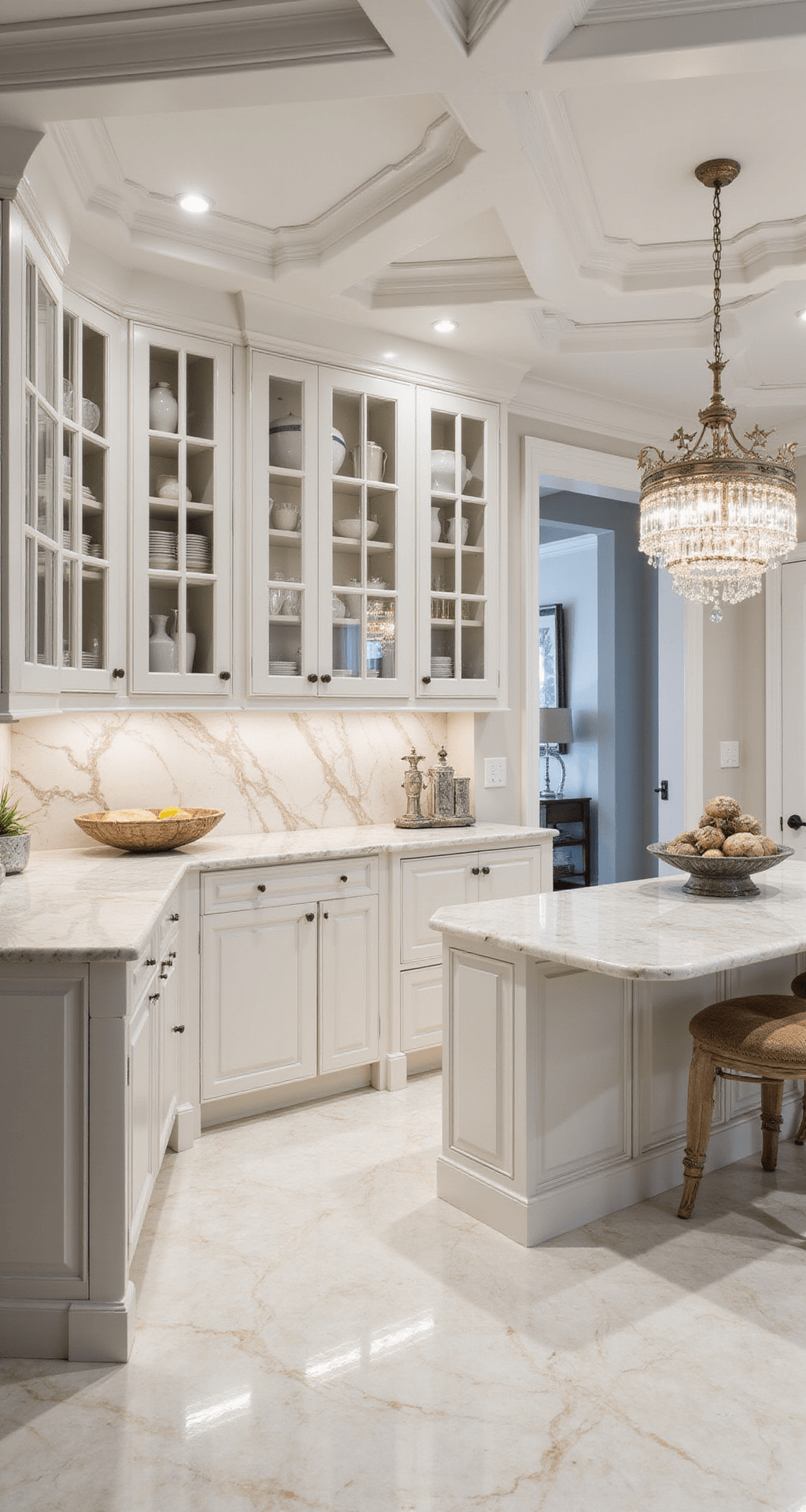 Luxurious transitional kitchen with white glass-front upper cabinets, solid lower cabinets, and large-format Calacatta Gold marble backsplash, featuring a 12-foot coffered ceiling, crystal chandelier, and dramatic veining patterns, shot from a corner angle with soft, even lighting.