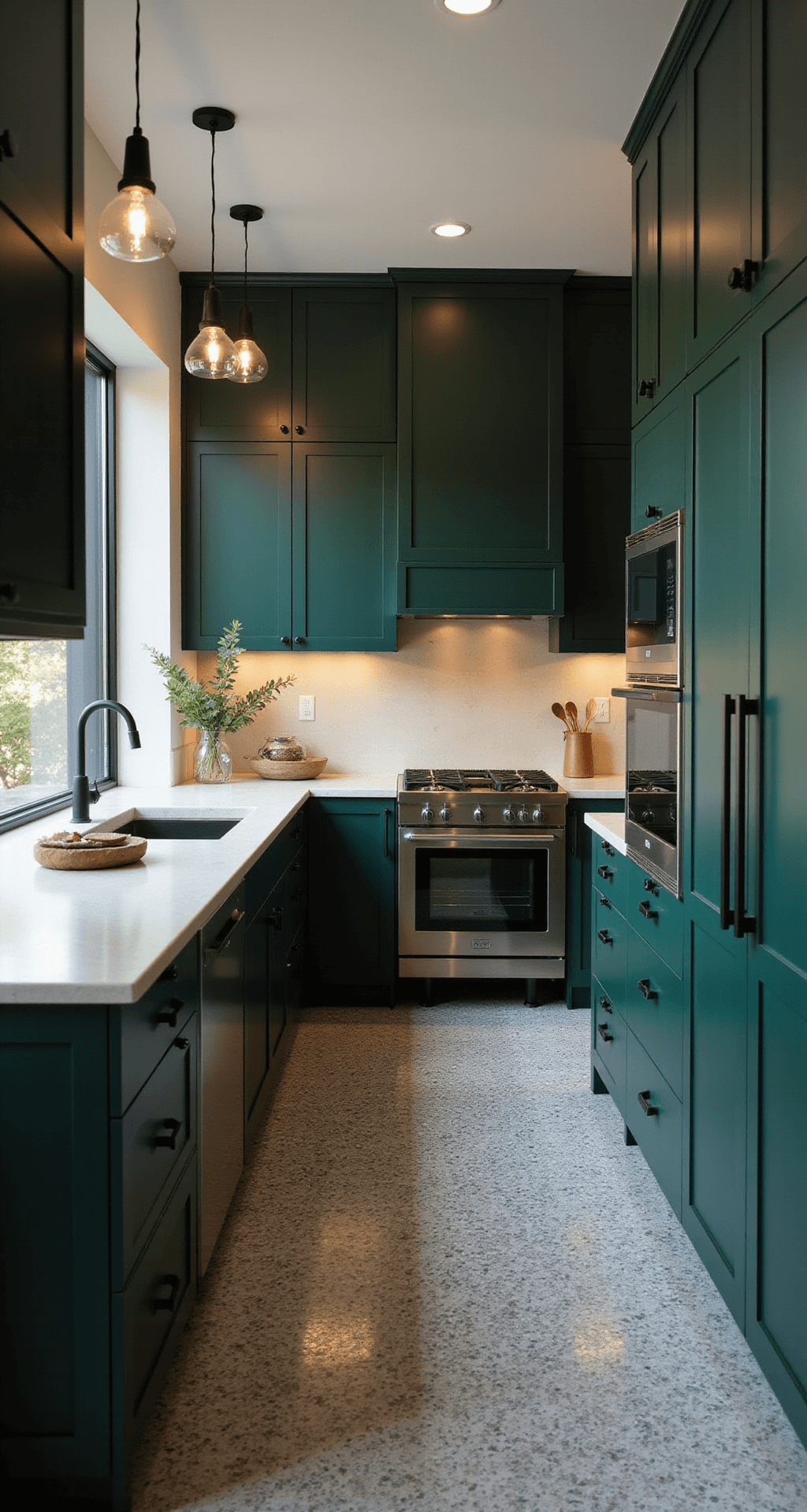 Modern galley kitchen featuring deep emerald green cabinets, ivory waterfall quartzite countertops, and brushed steel appliances, illuminated by warm pendant lighting, with geometric gray and white cement tile flooring; styled with clear glass vases of eucalyptus and dramatic shadows enhancing the composition.