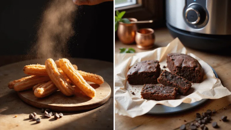 A split-screen image showing golden-brown churros being dusted with cinnamon sugar on the left, and rich chocolate brownies being sliced to reveal a fudgy center on the right, both styled with a warm color palette and professional food photography techniques.