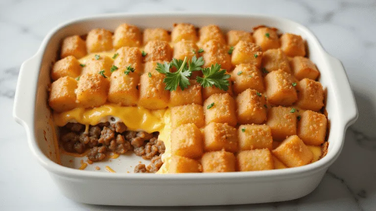 Photorealistic overhead shot of a steaming tater tot breakfast casserole in a ceramic baking dish, featuring crispy tater tots, melted cheddar cheese, and layers of sausage and fluffy eggs, garnished with parsley, against a light marble countertop.