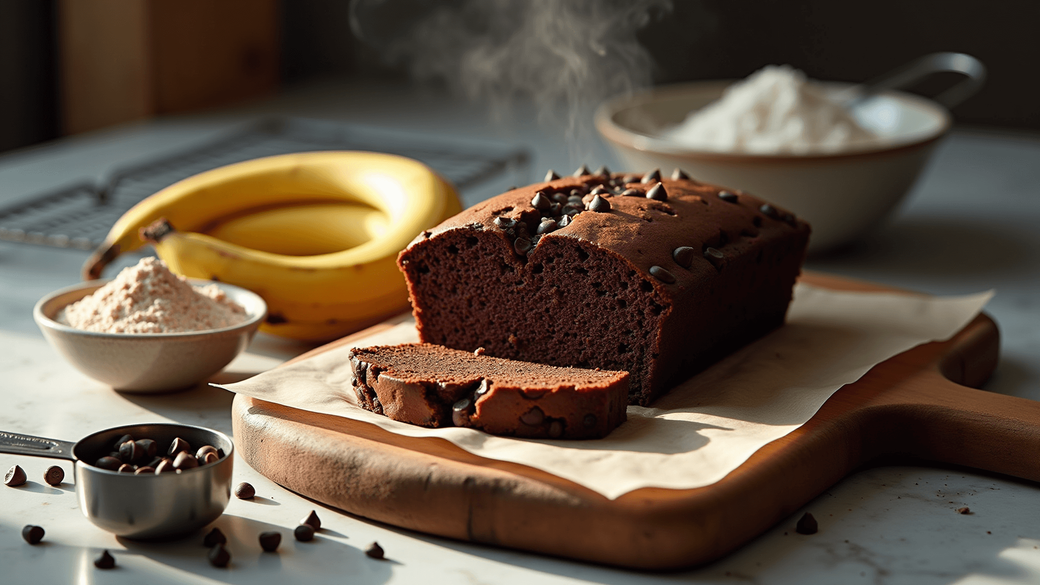 A photorealistic image of freshly baked chocolate banana bread on a rustic wooden cutting board, with steam rising and a chocolate chip-studded top. A perfect slice reveals a moist crumb, surrounded by overripe bananas, cocoa powder, vintage measuring cups, and a wire cooling rack, set against a cozy farmhouse kitchen backdrop.
