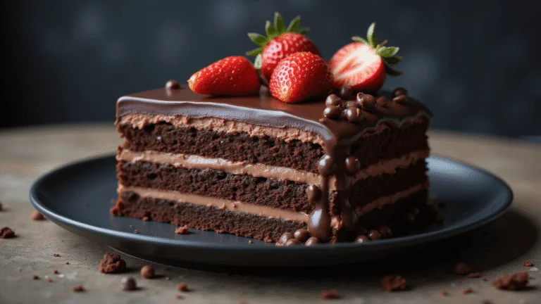 A three-layered chocolate bento cake coated in dark ganache, adorned with metallic chocolate pearls and fresh strawberry slices, displayed on a matte black ceramic plate with a dark textured background, showcasing extreme detail of the layers and soft background blur.