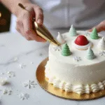 A cinematic overhead view of a 4-inch Christmas bento cake decorated with white buttercream, a fondant Santa hat, and meringue Christmas trees on a marble countertop, enhanced by fairy lights and festive props.