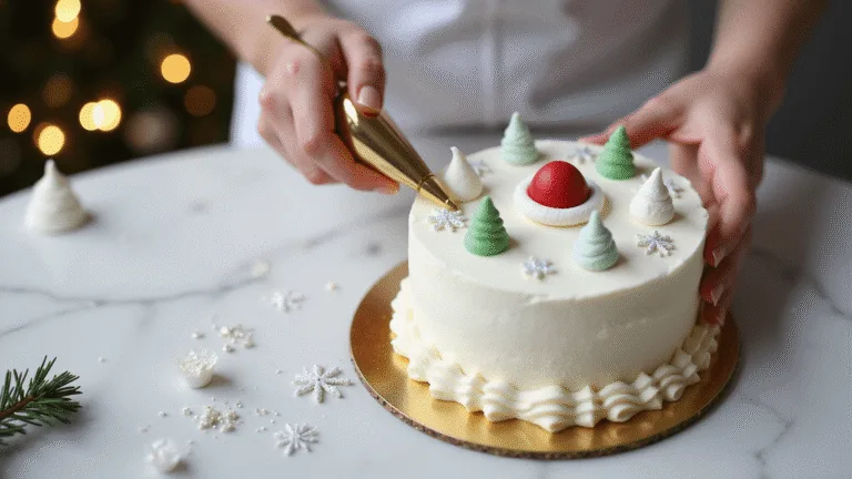 A cinematic overhead view of a 4-inch Christmas bento cake decorated with white buttercream, a fondant Santa hat, and meringue Christmas trees on a marble countertop, enhanced by fairy lights and festive props.