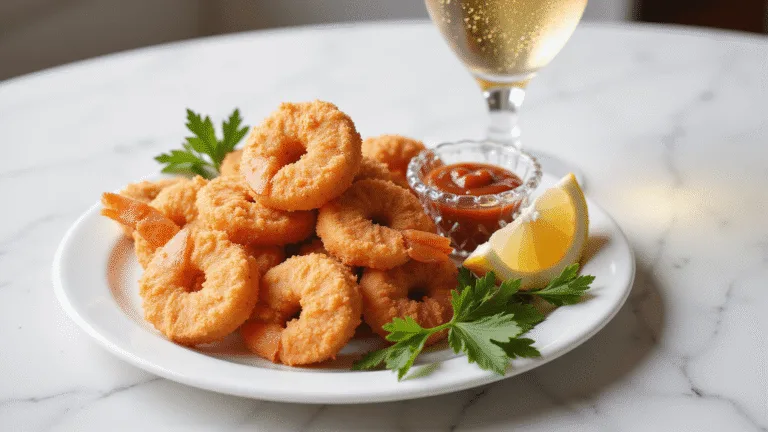 Photorealistic image of golden-brown crispy fried shrimp in an elegant spiral arrangement on a white ceramic plate, paired with a crystal ramekin of vibrant red cocktail sauce, garnished with parsley sprigs and lemon wedges, shot with soft side lighting and shallow depth of field.