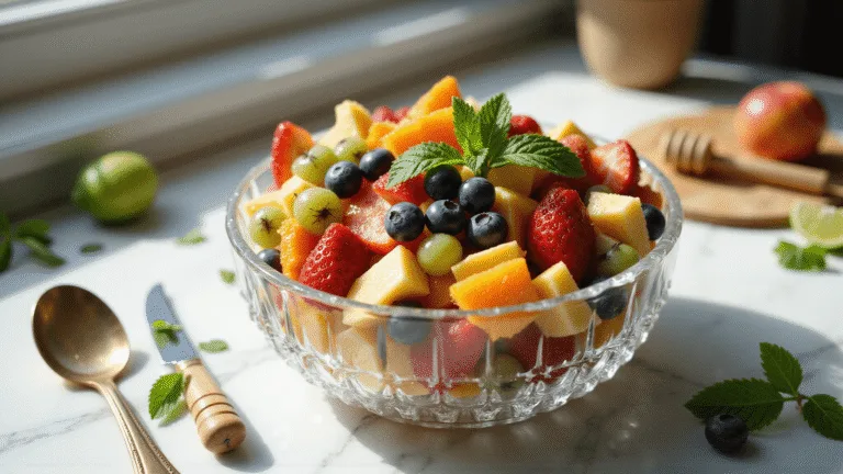 Photorealistic image of a crystal glass bowl filled with vibrant tropical fruit salad, including strawberries, blueberries, pineapple, peaches, grapes, kiwi, and orange segments, presented on a white marble countertop with morning sunlight, garnished with mint leaves and drizzled honey.