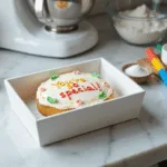 Overhead shot of a mini bento cake in a white styrofoam box on a marble kitchen counter, surrounded by baking ingredients like flour, sugar, and eggs, with kawaii decorations and colorful text, captured in high-end professional lighting.