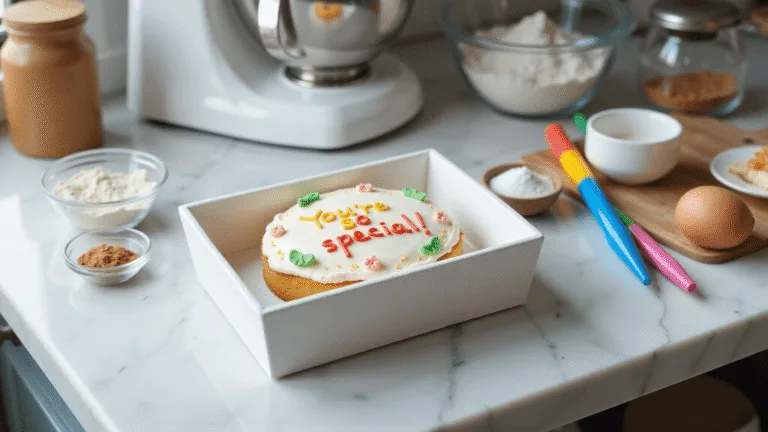 Overhead shot of a mini bento cake in a white styrofoam box on a marble kitchen counter, surrounded by baking ingredients like flour, sugar, and eggs, with kawaii decorations and colorful text, captured in high-end professional lighting.