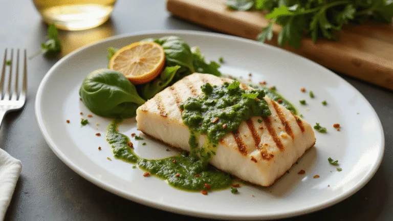Photorealistic image of a perfectly grilled halibut fillet with golden grill marks on a white plate, drizzled with vibrant green herb sauce, a charred lemon half beside it, and garnished with fresh herbs and red pepper flakes, captured in soft natural light.