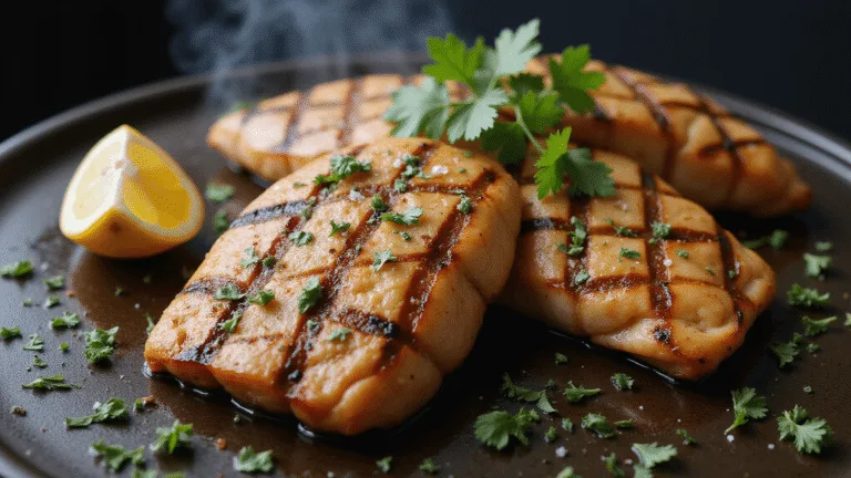 Aromatic grilled swordfish steaks with charred lemon halves and Mediterranean herbs, showcasing glistening olive oil and flaky texture, captured in soft natural lighting with dramatic shadows and a shallow depth of field.