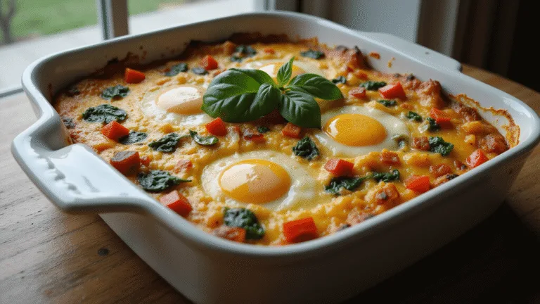 A photorealistic breakfast casserole with fluffy eggs, vibrant red bell peppers, emerald spinach, and melted cheddar cheese in a ceramic baking dish, captured at a 45-degree angle with steam rising in morning sunlight. Garnished with fresh spinach and diced peppers on a rustic wooden table.