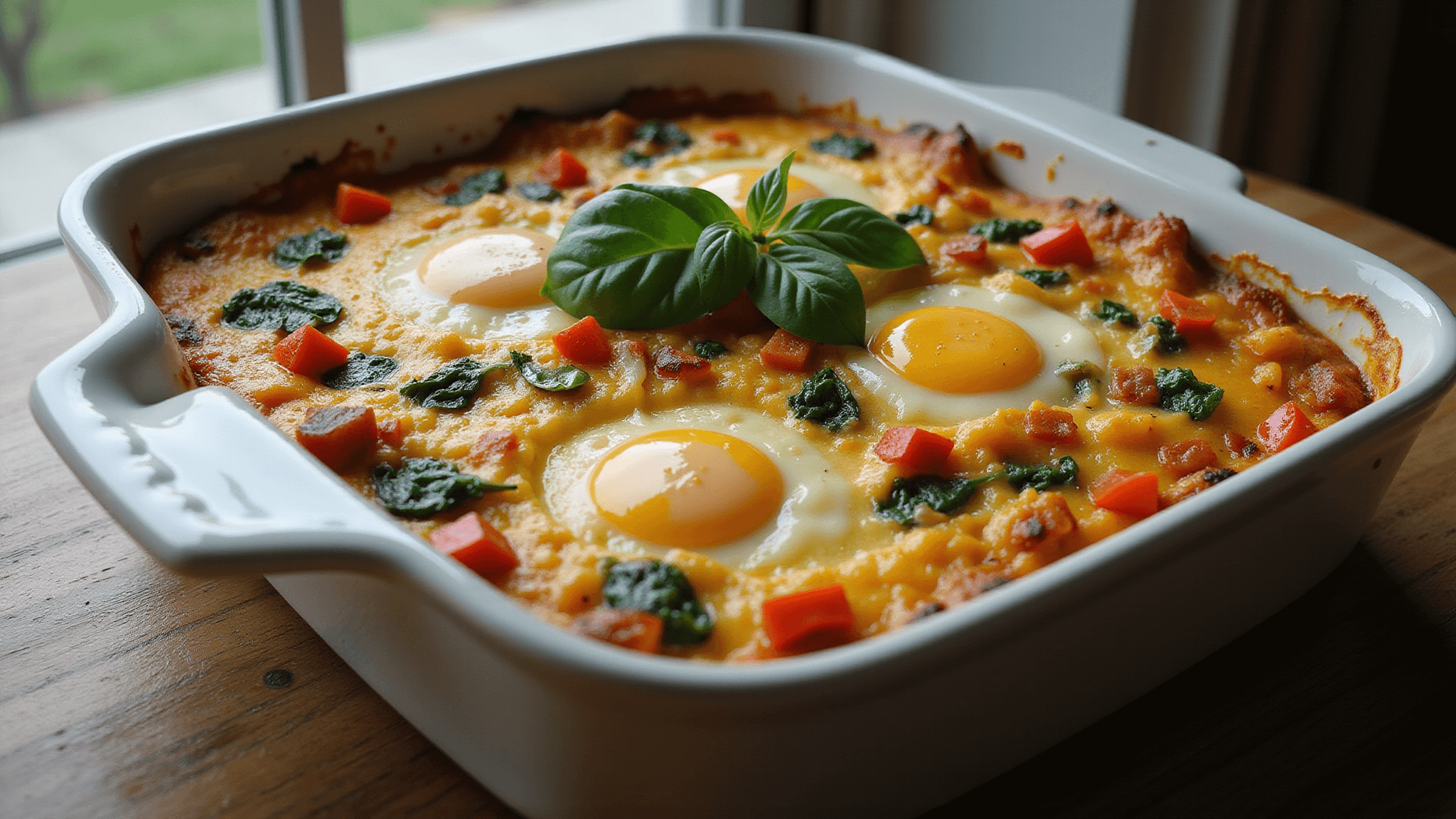A photorealistic breakfast casserole with fluffy eggs, vibrant red bell peppers, emerald spinach, and melted cheddar cheese in a ceramic baking dish, captured at a 45-degree angle with steam rising in morning sunlight. Garnished with fresh spinach and diced peppers on a rustic wooden table.
