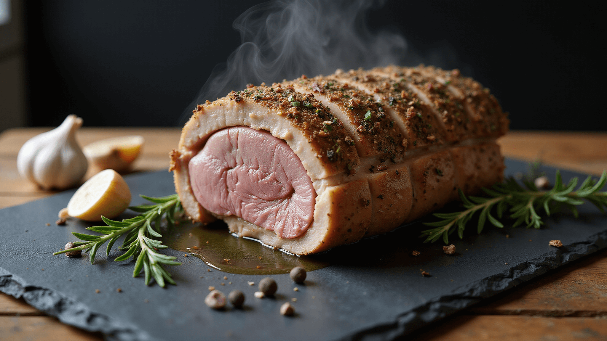 Close-up of a perfectly roasted pork tenderloin sliced to show a juicy pink center, garnished with fresh herbs, garlic, and olive oil droplets on a dark slate board, with dramatic side lighting and a professional meat thermometer reading 145°F.