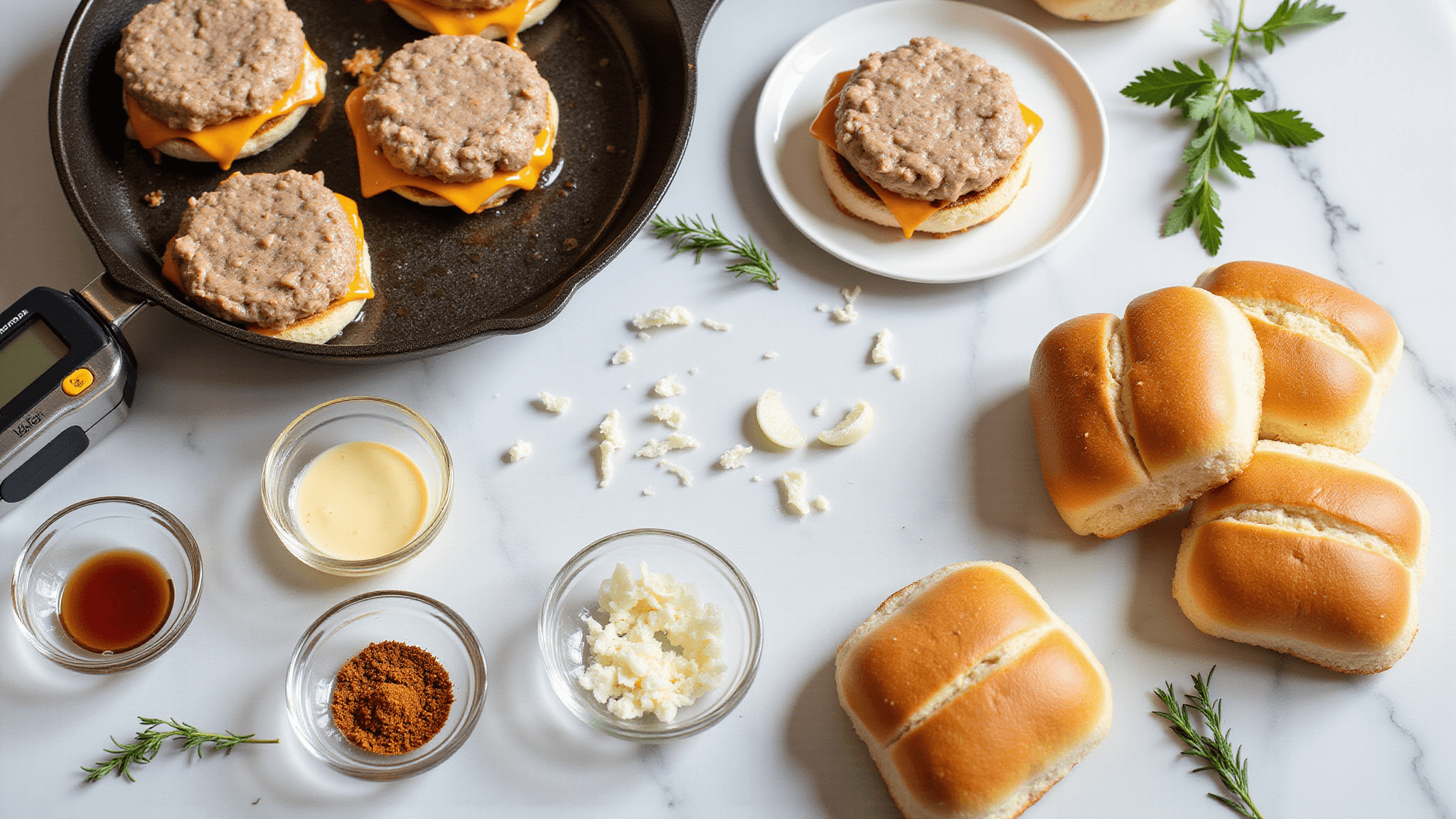 Photorealistic overhead view of a professional kitchen scene with raw turkey slider patties on a marble countertop, sizzled patties in a cast-iron skillet, toasted brioche buns, seasonings, fresh herbs, and measuring tools, all beautifully lit with warm tones.
