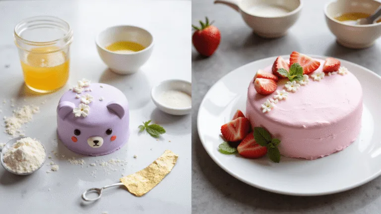 A split-scene photograph showing a baking preparation setup with separated egg yolks and flour on the left, and a completed kawaii bento cake with pastel frosting and decorative elements on the right.