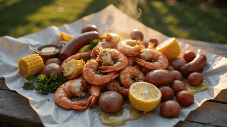 Photorealistic overhead shot of a Low Country Boil with pink shrimp, red crab legs, and andouille sausage on newspaper, golden hour lighting with steam, garnished with parsley and lemon wedges, rustic wooden table, and bokeh string lights in background.