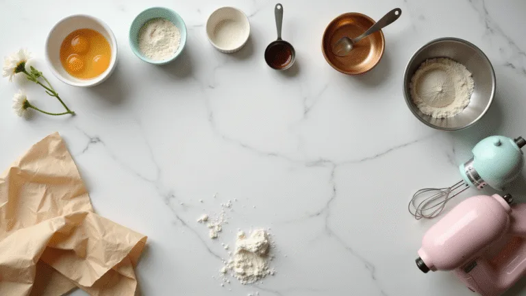 Photorealistic overhead shot of a luxurious baking preparation scene on a white marble counter, featuring farm-fresh eggs, sifted flour, granulated sugar, a copper mixing bowl, and professional baking tools, styled with pastel pink and mint green accents, illuminated by natural light, evoking creativity.