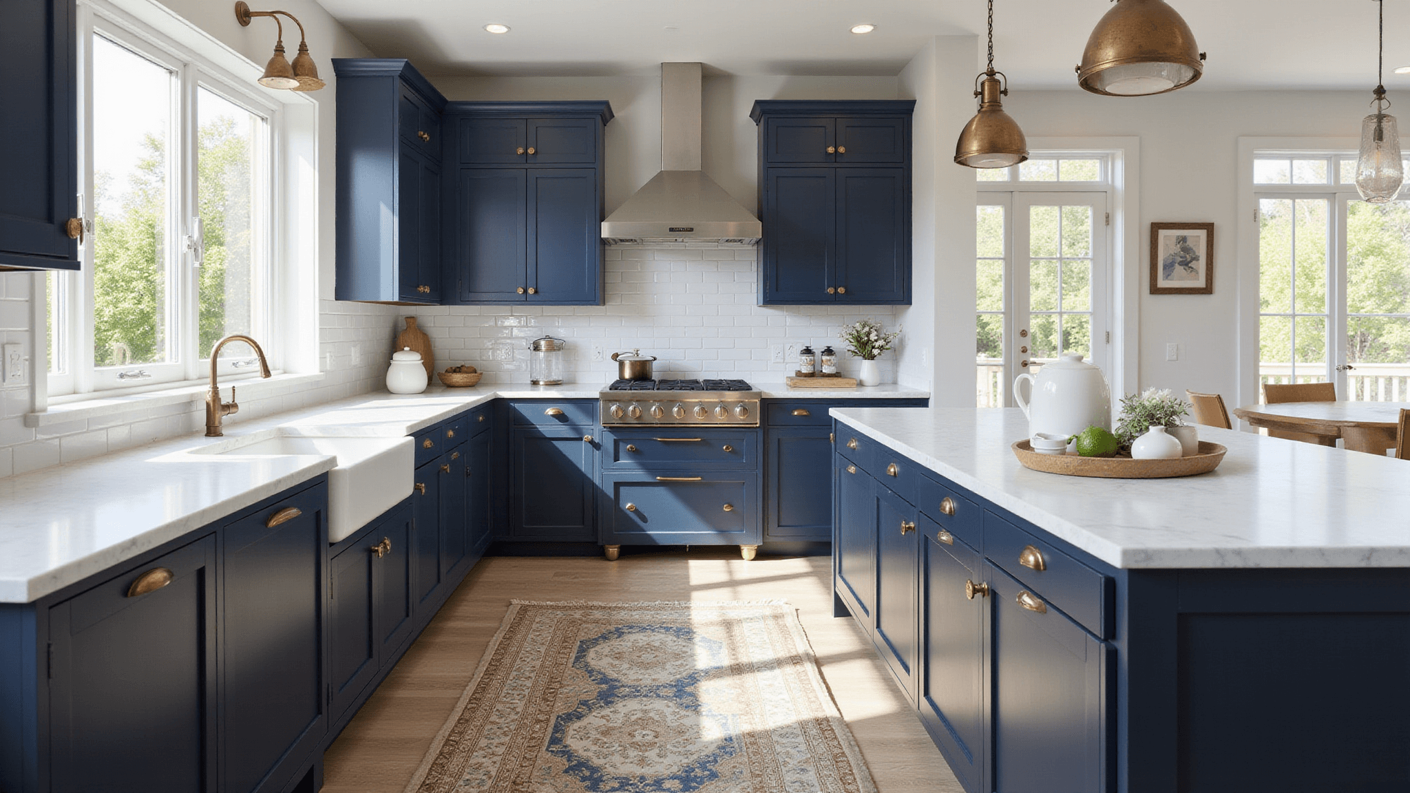 Photorealistic image of a luxurious coastal kitchen with navy blue Shaker-style cabinets, white Carrara marble countertops, and a farmhouse sink, illuminated by natural morning light through large windows, featuring industrial pendant lights, white oak flooring, and a vintage Persian runner.
