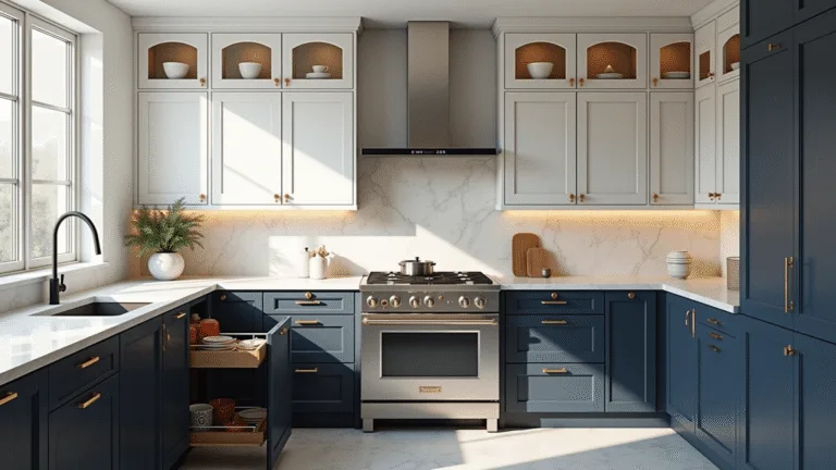 Photorealistic image of a modern sun-drenched kitchen showcasing two-tone Shaker-style cabinets in white and navy blue, marble countertops, glass-front upper cabinets with LED lighting, and walnut pull-out storage, emphasizing luxury and functionality.