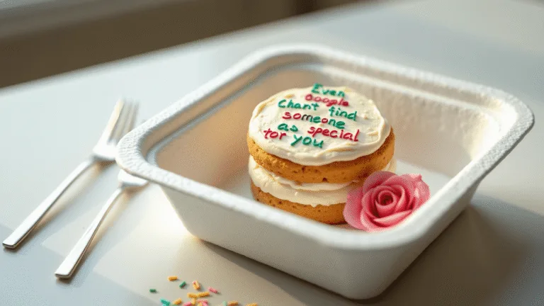 Photorealistic image of a petite bento cake with white buttercream frosting, colorful playful lettering, captured in a pristine styrofoam container on a light marble countertop, featuring a delicate silver fork, scattered pastel sprinkles, and a pink rose, with natural lighting and soft bokeh background.