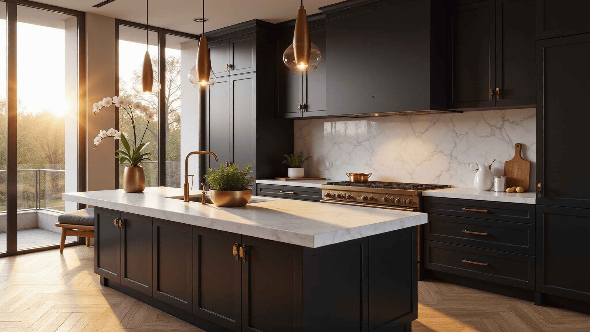 Photorealistic interior of a luxurious modern black kitchen with brass accents, Carrara marble countertops, and herringbone oak floors, illuminated by warm golden hour sunlight.