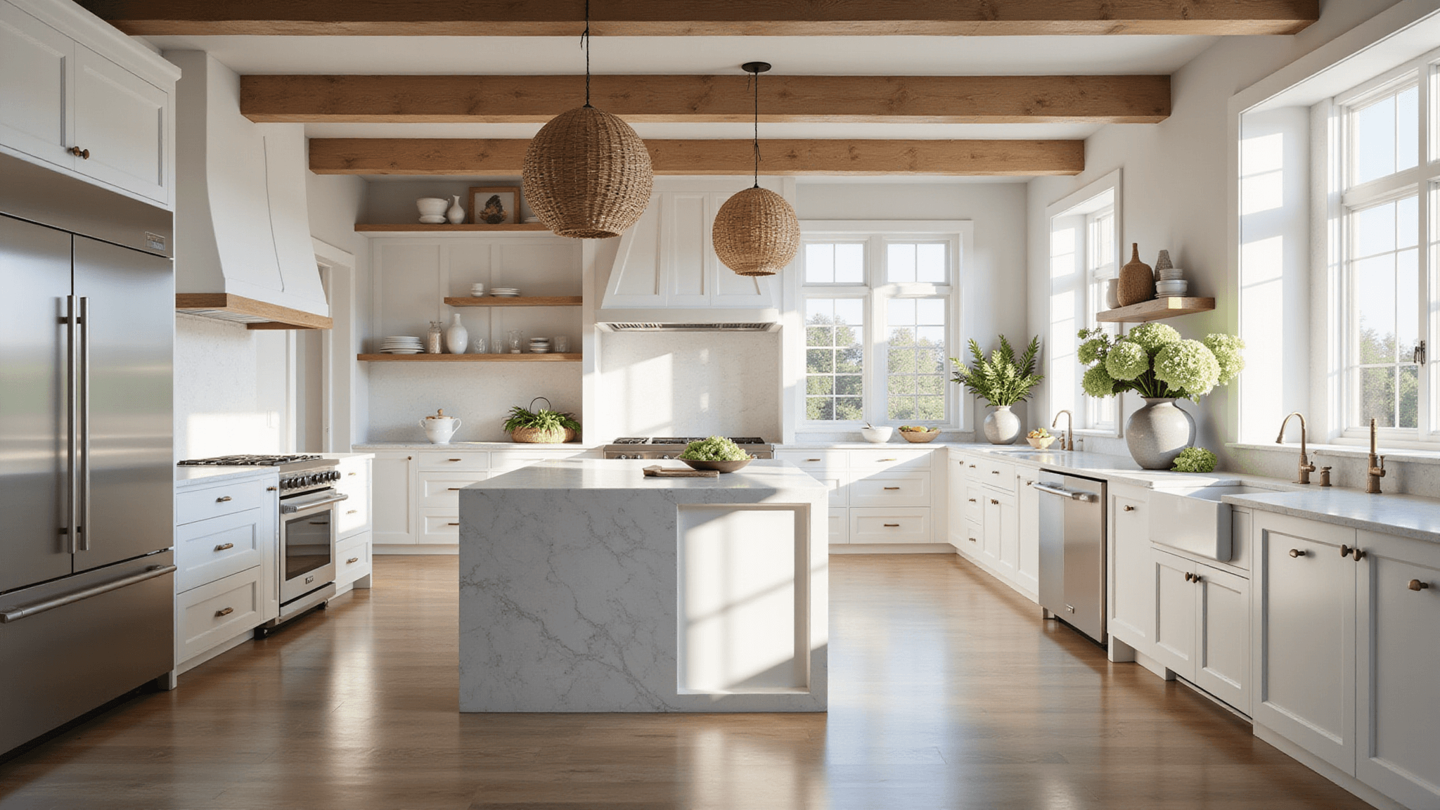 Photorealistic interior of a sunlit modern farmhouse kitchen featuring white Shaker cabinets, a Carrara marble island, wide-plank oak flooring, and natural wooden beams, with floating shelves, stainless steel appliances, and fresh hydrangeas, captured in soft light and cinematic composition.
