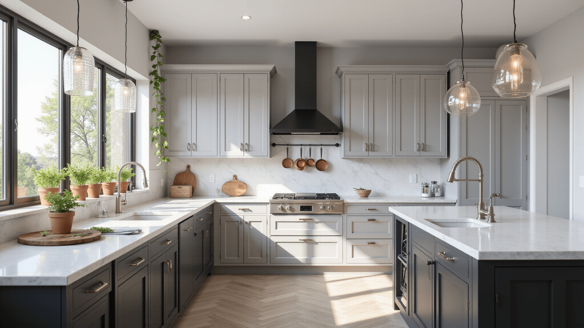 Photorealistic interior of a spacious contemporary kitchen with dove grey Shaker cabinets, charcoal grey island, white Carrara marble countertops, and white oak herringbone flooring, illuminated by natural light through floor-to-ceiling windows.