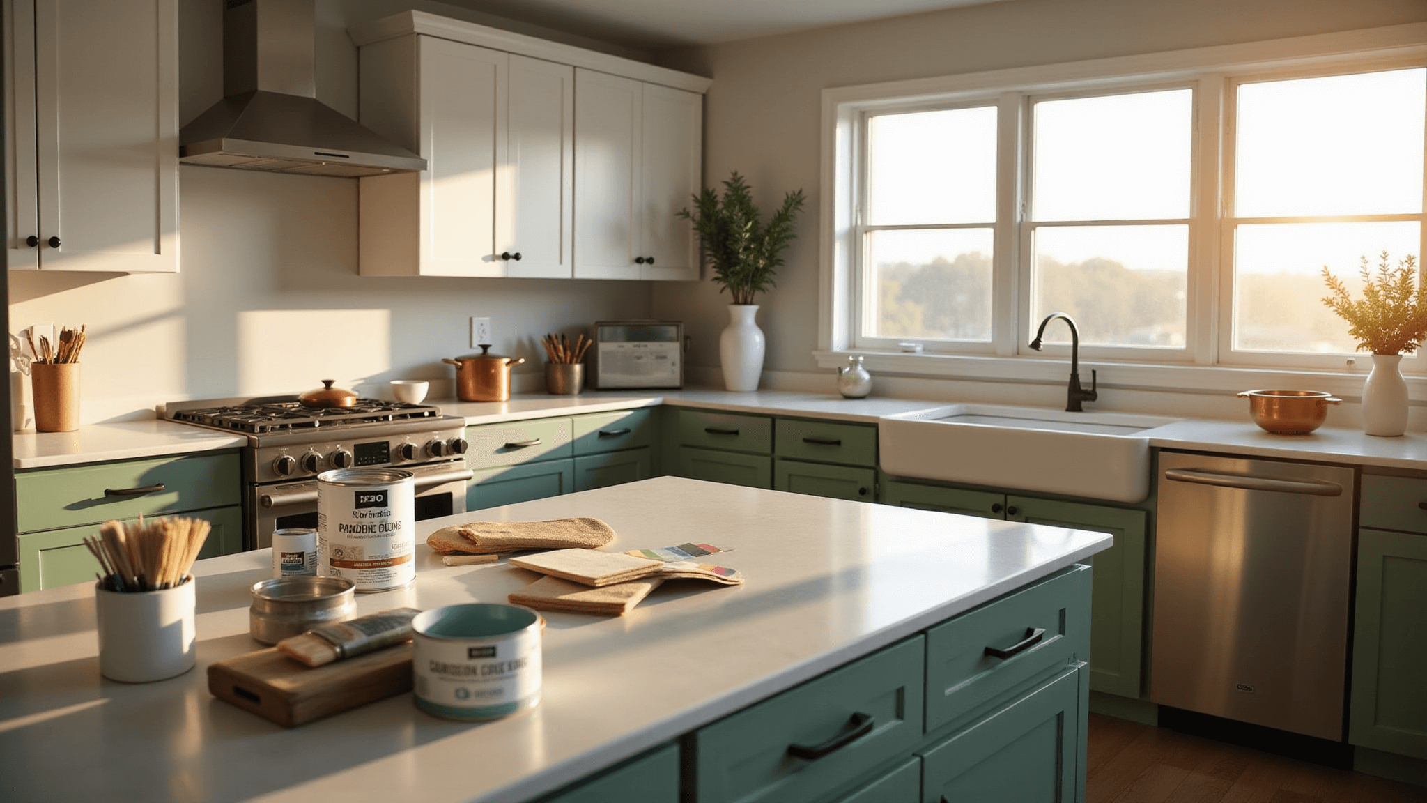 A cinematic shot of a modern kitchen with sage green lower cabinets and white upper cabinets, featuring professional painting supplies in the foreground and warm golden hour light streaming through large windows.