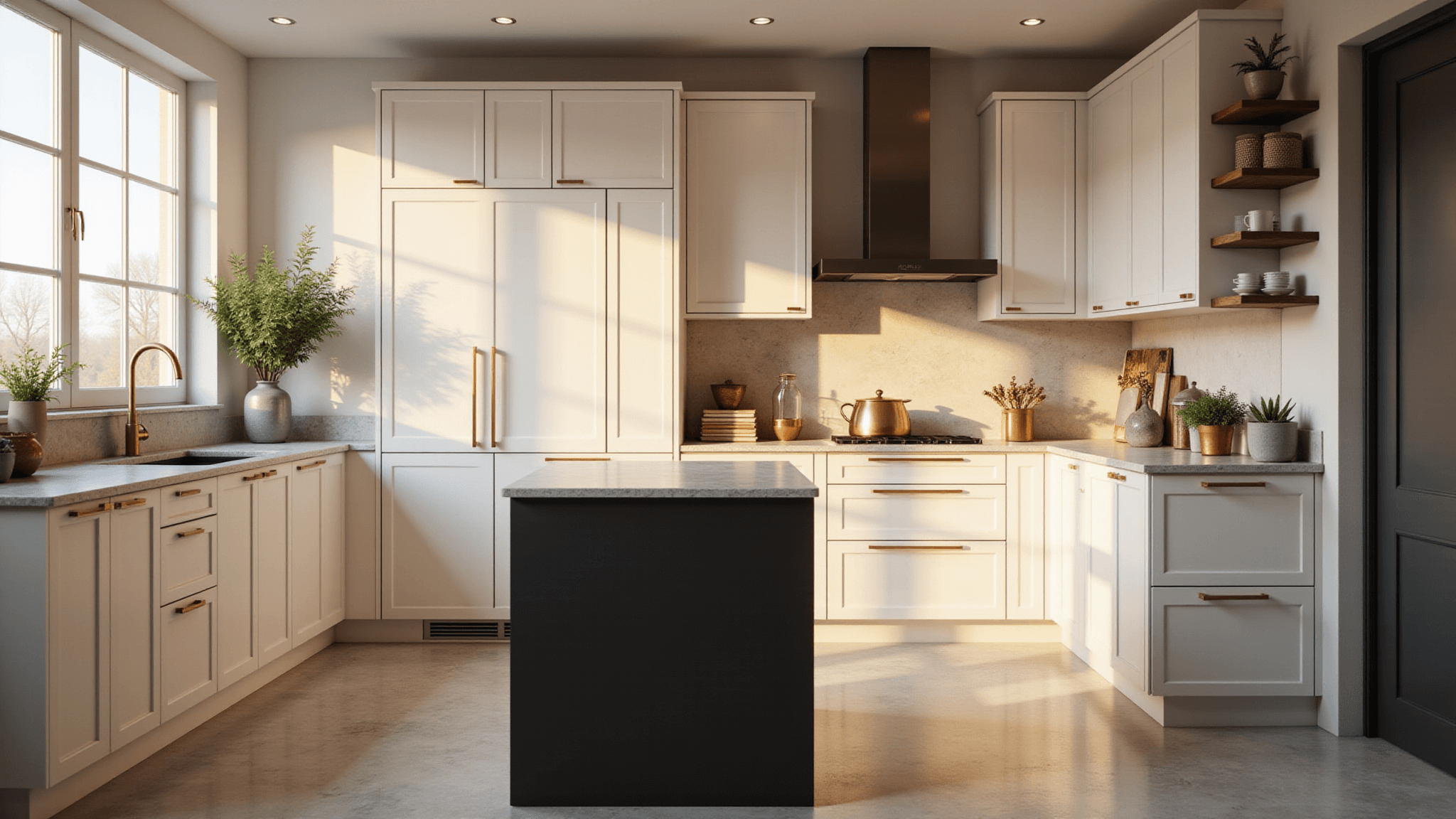 A photorealistic interior of a modern luxury kitchen with white shaker cabinets, a matte black island, and warm golden hour lighting highlighting marble countertops and decorative elements.